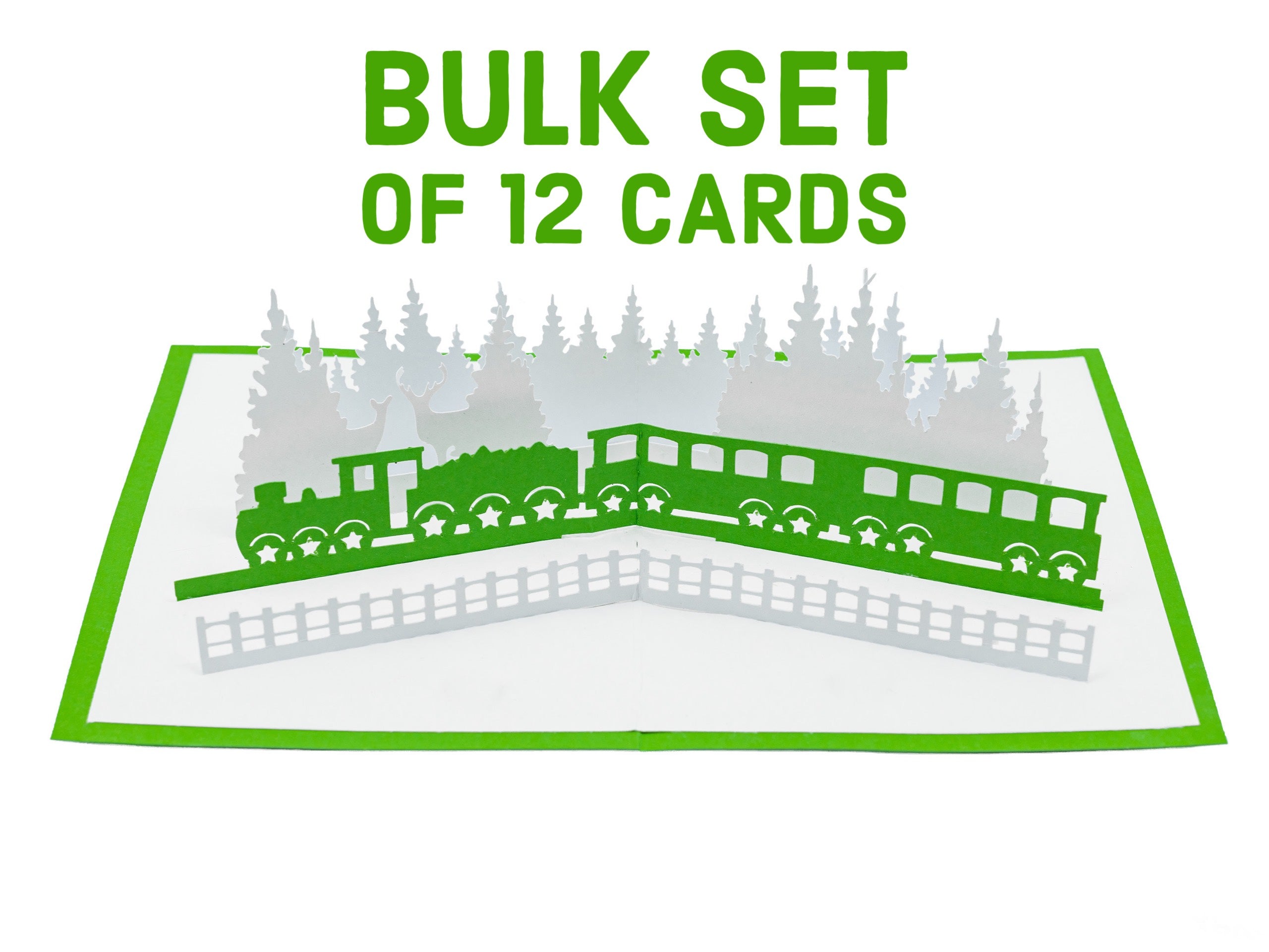 Bulk Set of 12 Holiday Train Pop Up 3D Greeting Card Family of Deer Christmas Trees