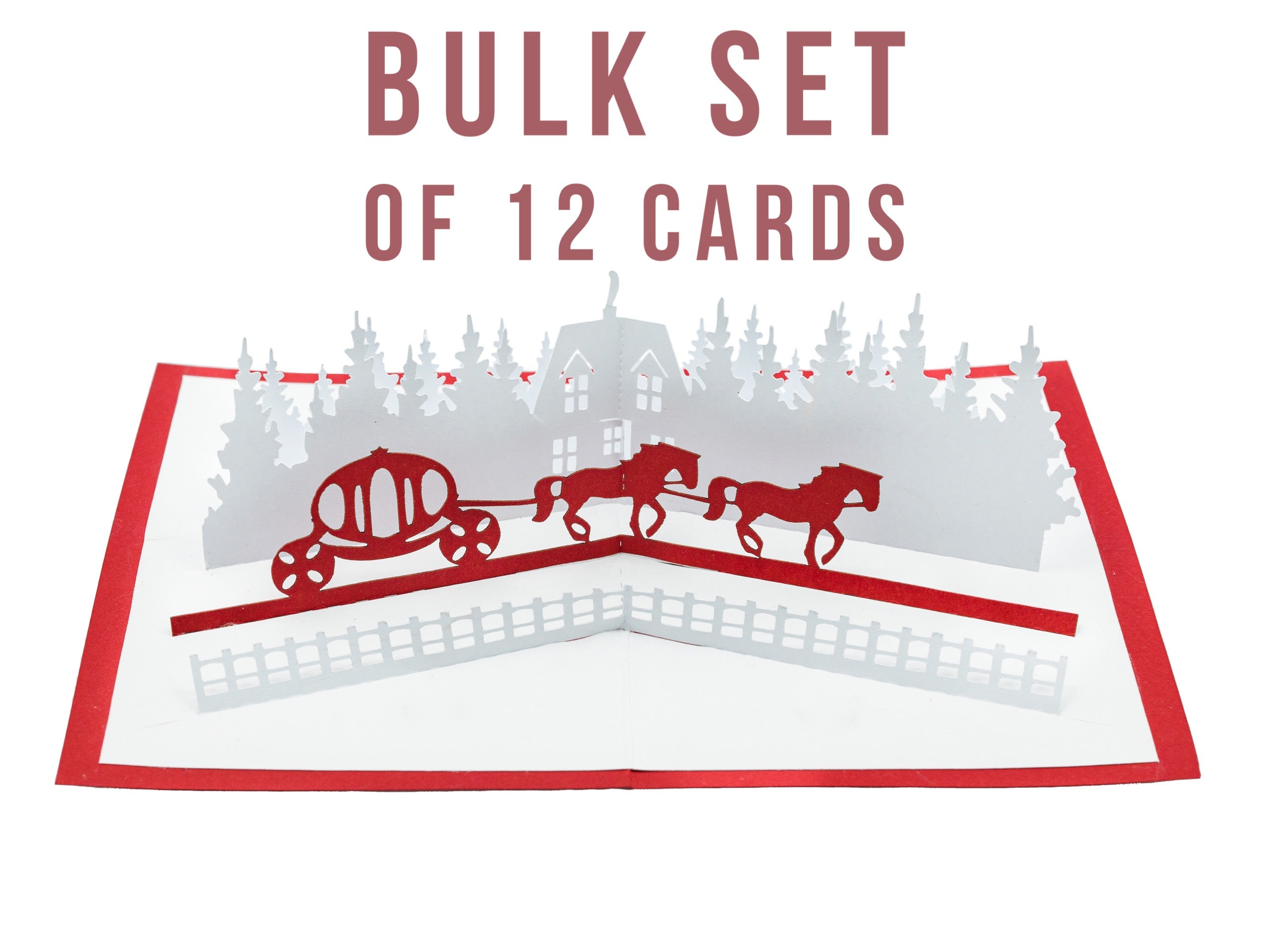 Bulk Set of 12 Winter Fairy Tale Princess Carriage Christmas Pop Up 3D Greeting Card