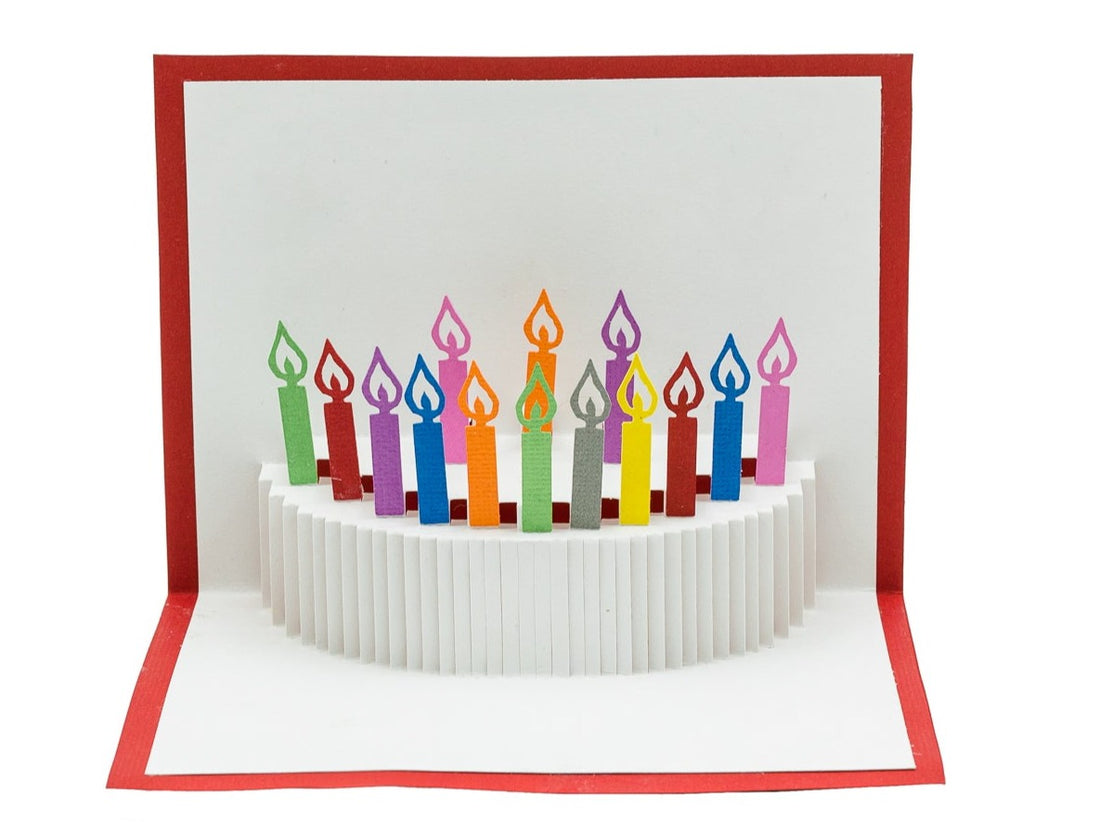 Birthday Cake Pop Up Card with Colorful Rainbow Candles - Vibrant Festive Celebration Greeting for All Ages