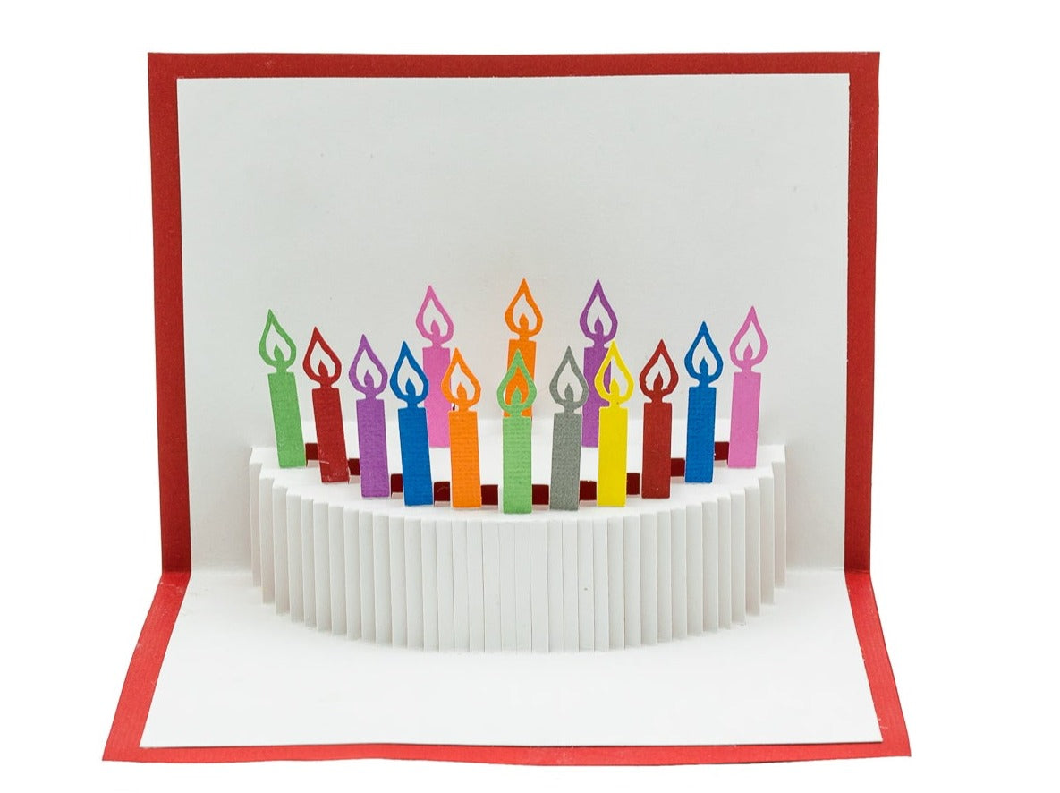 Birthday Cake Pop Up Card with Colorful Rainbow Candles - Vibrant Festive Celebration Greeting for All Ages
