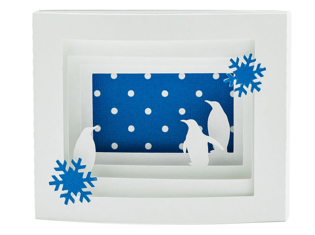 Penguin Shadow Box 3D Pop Up Card - Festive Christmas Handmade Holiday Greeting, Dimensional Winter Decor