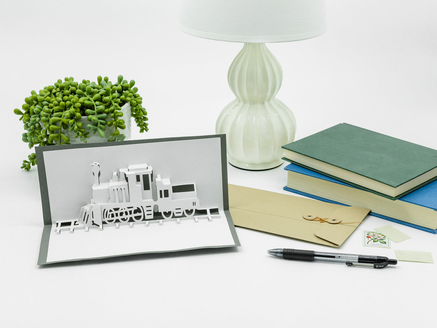 Locomotive 3D Pop Up Blank Card Card: Handmade Kirigami Design for Train Enthusiasts, Railfans & Birthdays