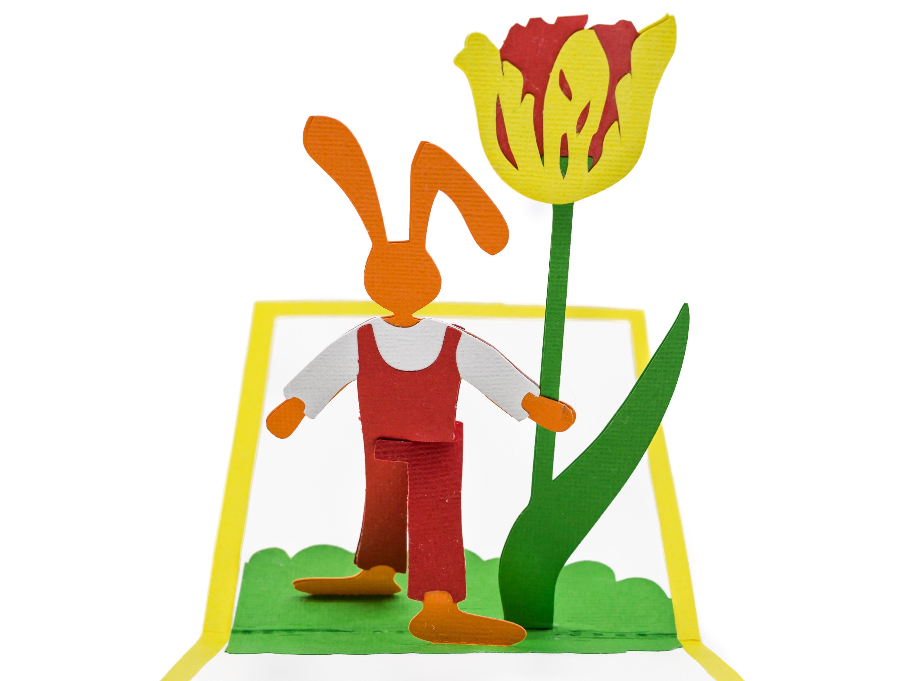 Easter Bunny and Tulip 3D Pop Up Card, Floral Happy Spring Greetings Keepsake, Whimsical Rabbit Greeting Card
