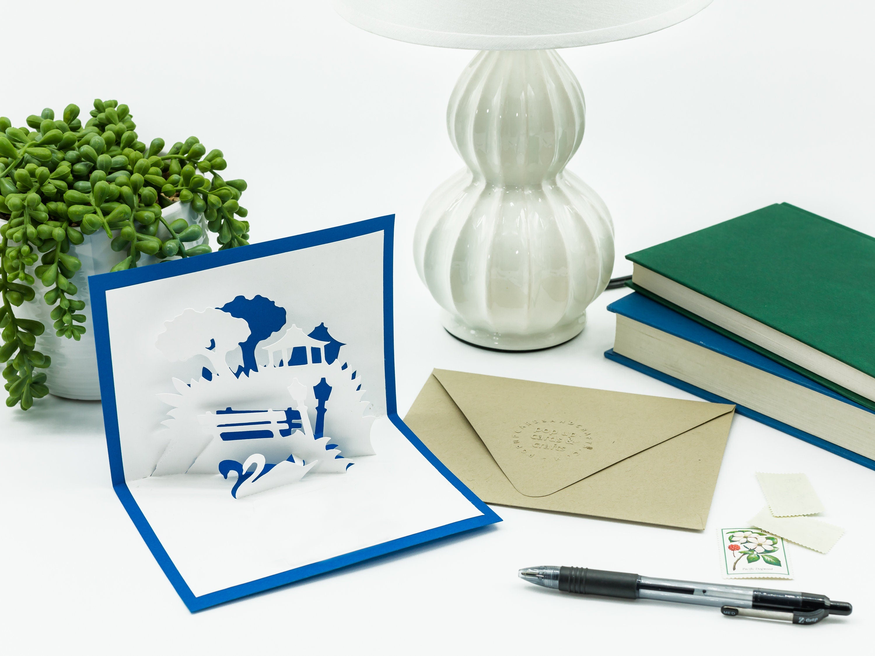 City Park Bench Overlooking Swans 3D Pop Up Blank Card: Nature Scene for Birthdays, Anniversaries, Sympathy & Love