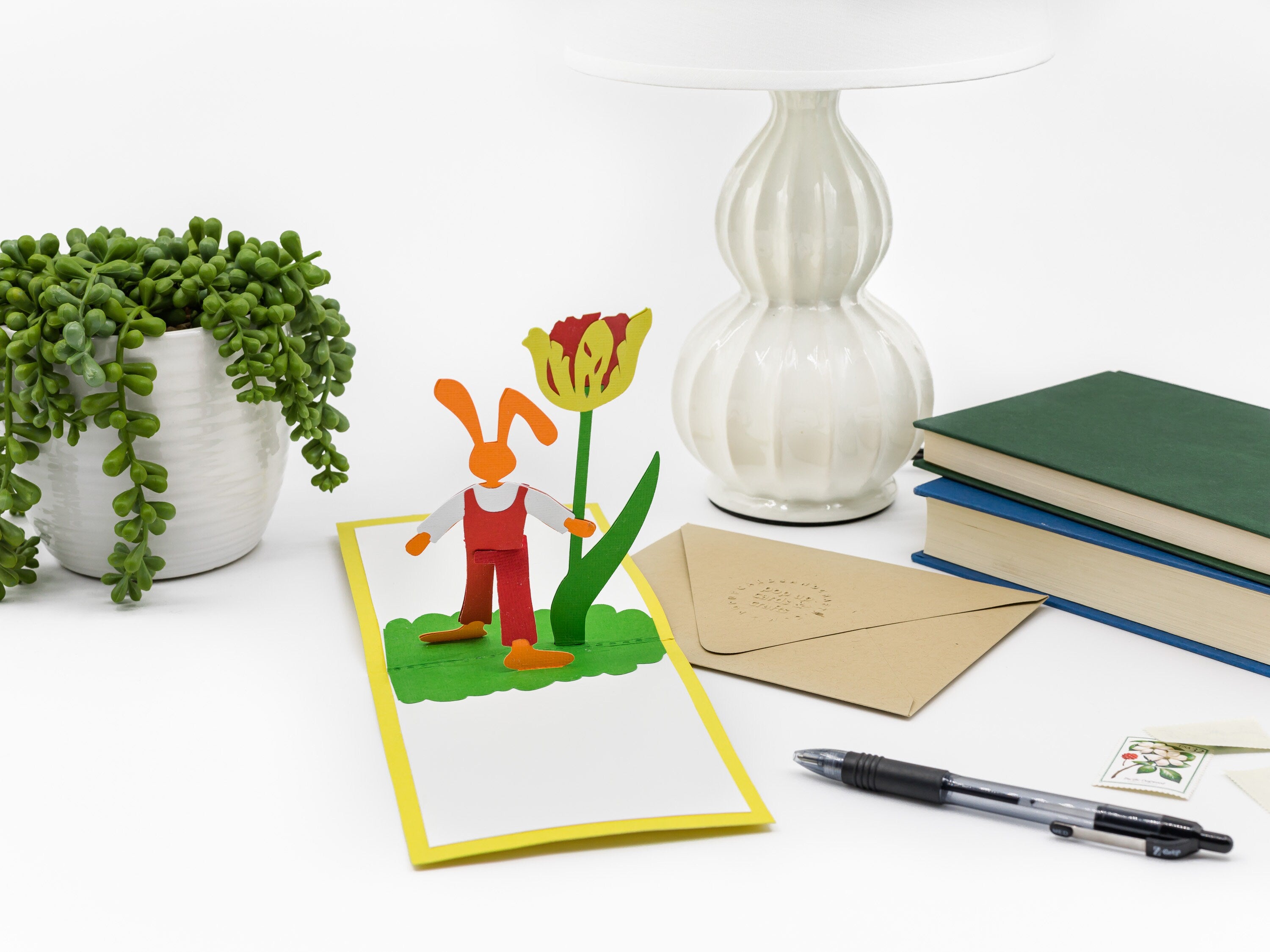 Easter Bunny and Tulip 3D Pop Up Card, Floral Happy Spring Greetings Keepsake, Whimsical Rabbit Greeting Card