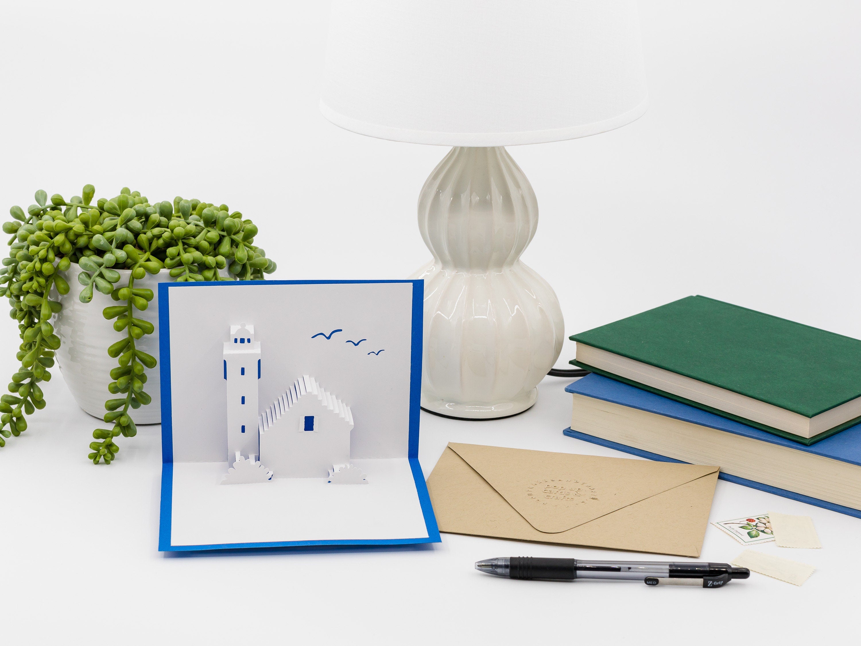Lighthouse Handcrafted 3D Pop Up Card: Nautical Theme for Any Occasion, Beach House Seagulls Blank Inside