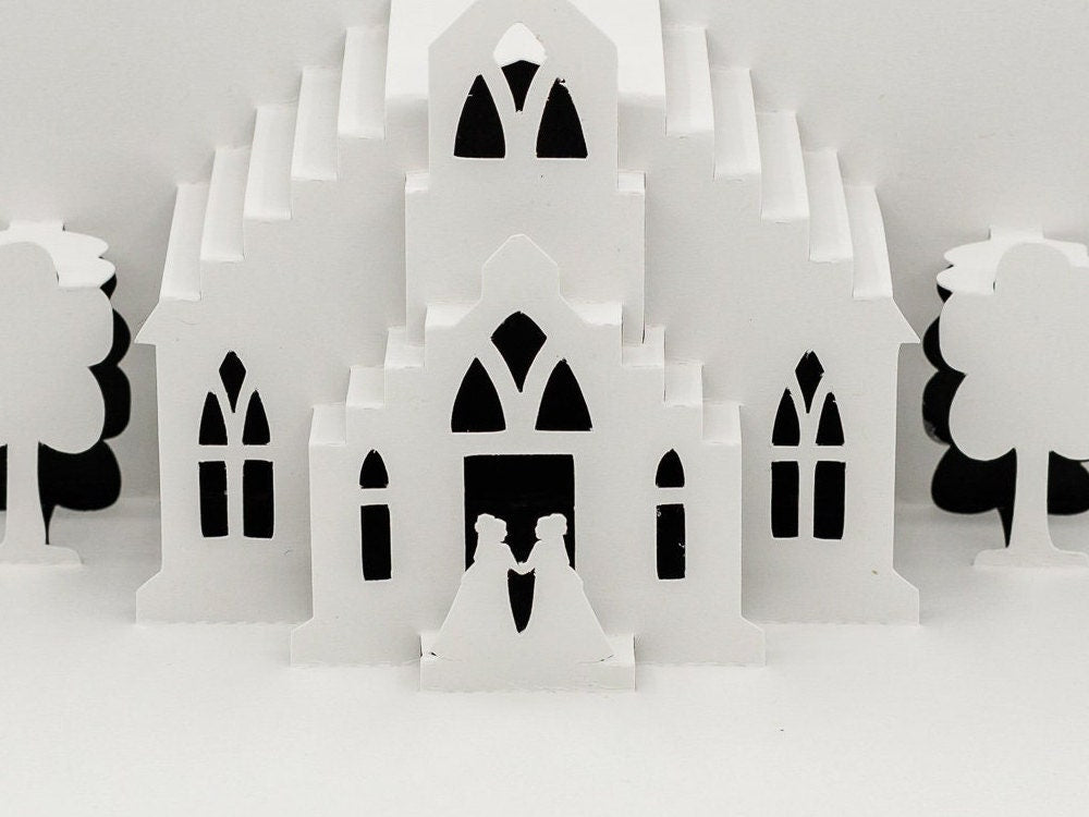 Lesbian Wedding Chapel 3D Pop Up Card - Same-Sex Celebration for Two Brides, LGBTQ+ Engagement Gift