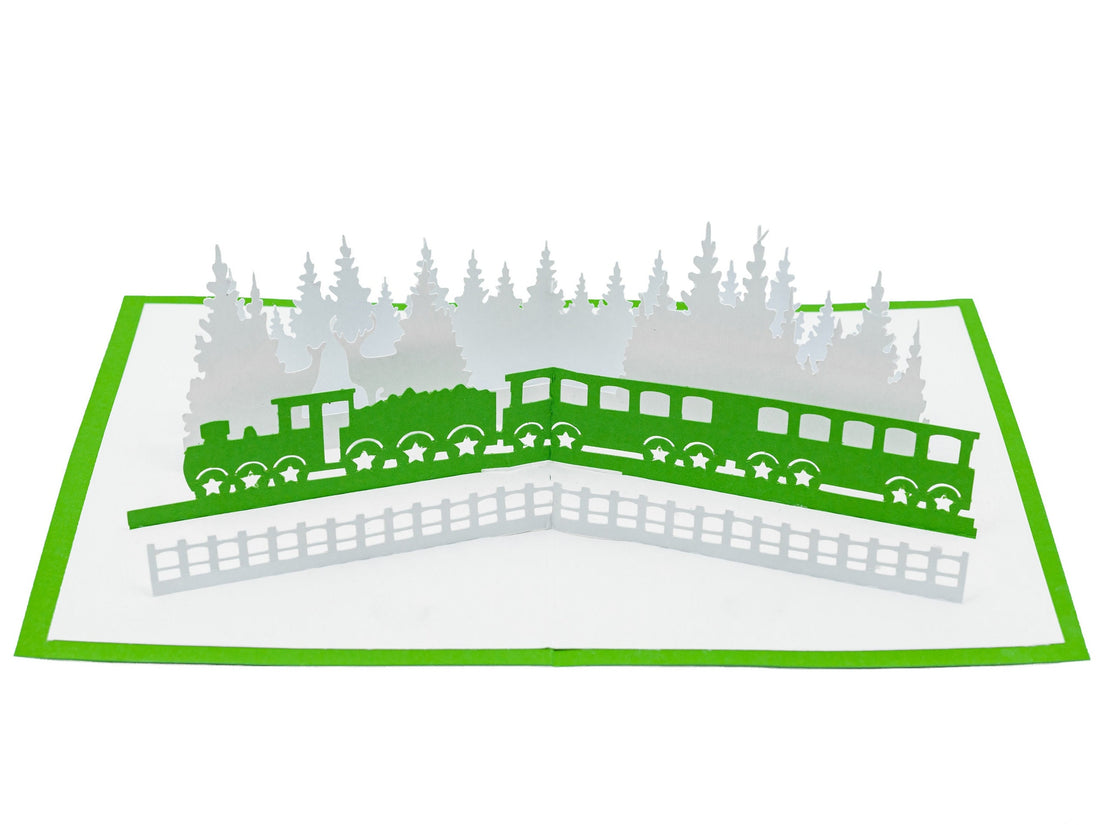 Winter Train 3D Pop Up Christmas Card with Enchanting Deer & Trees - Festive Holiday Seasons Greetings from Santa