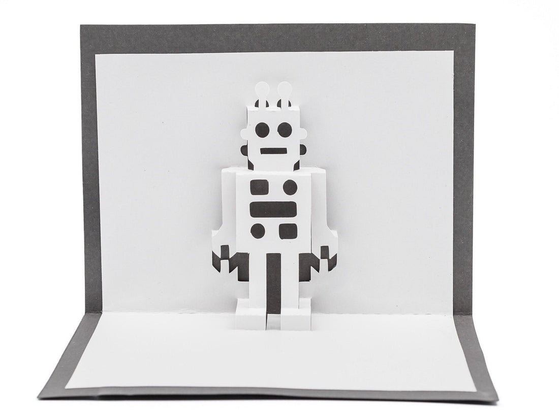 Retro Robot 3D Pop Up Blank Card for Him: Interactive Sci-Fi Design for Boys, Fathers Day, Customizable Futuristic Gift