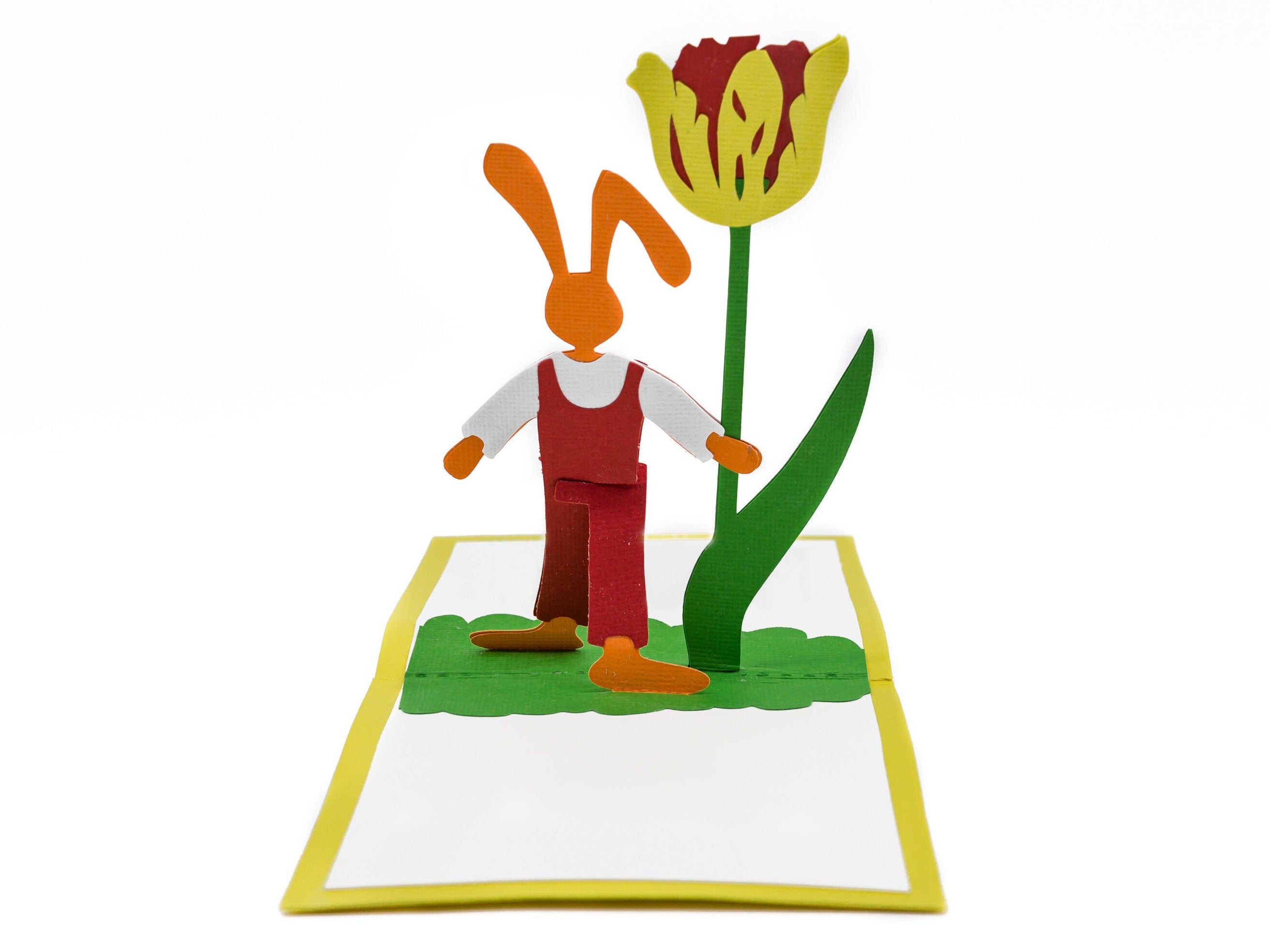Easter Bunny and Tulip 3D Pop Up Card, Floral Happy Spring Greetings Keepsake, Whimsical Rabbit Greeting Card