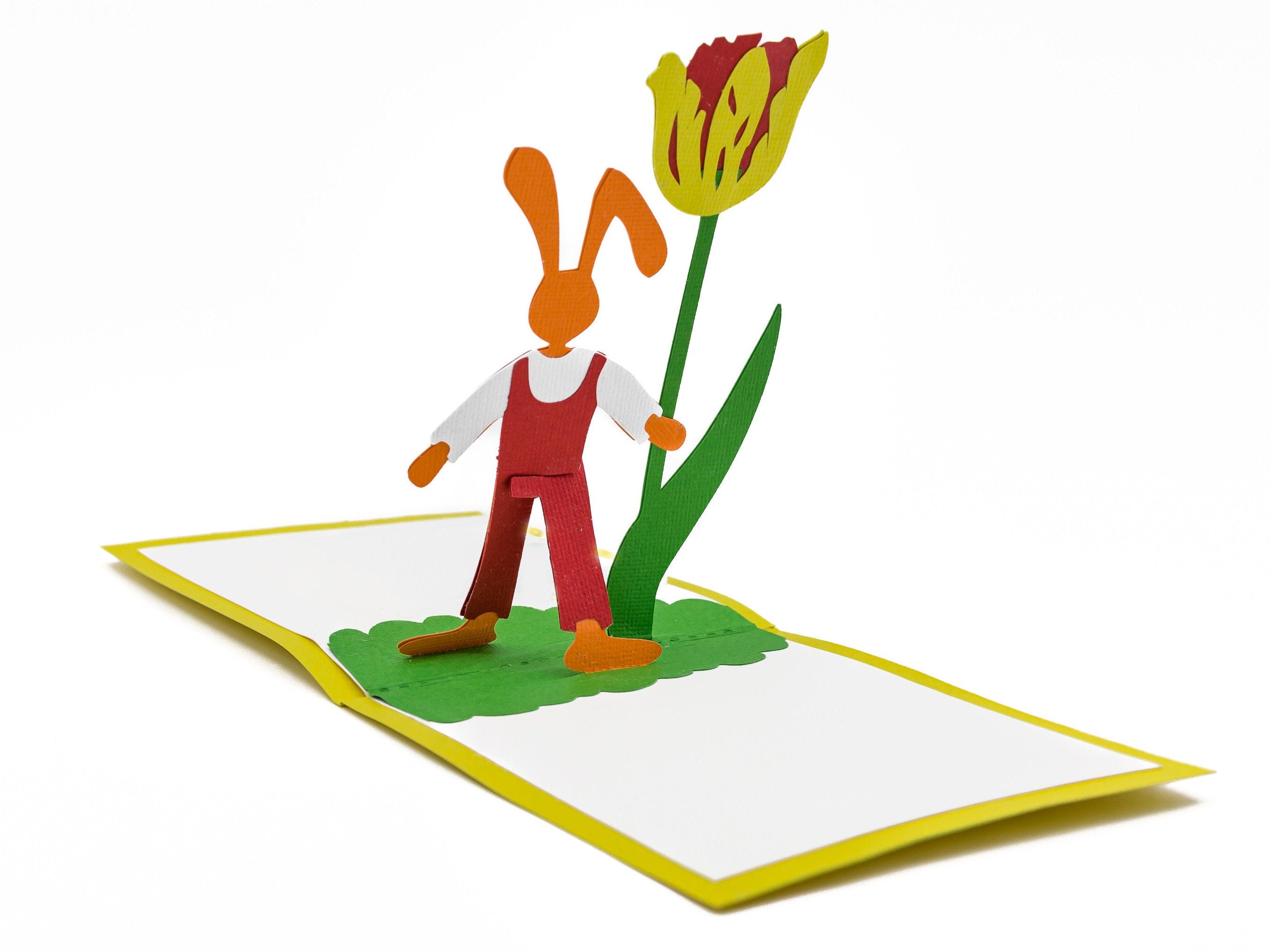 Easter Bunny and Tulip 3D Pop Up Card, Floral Happy Spring Greetings Keepsake, Whimsical Rabbit Greeting Card