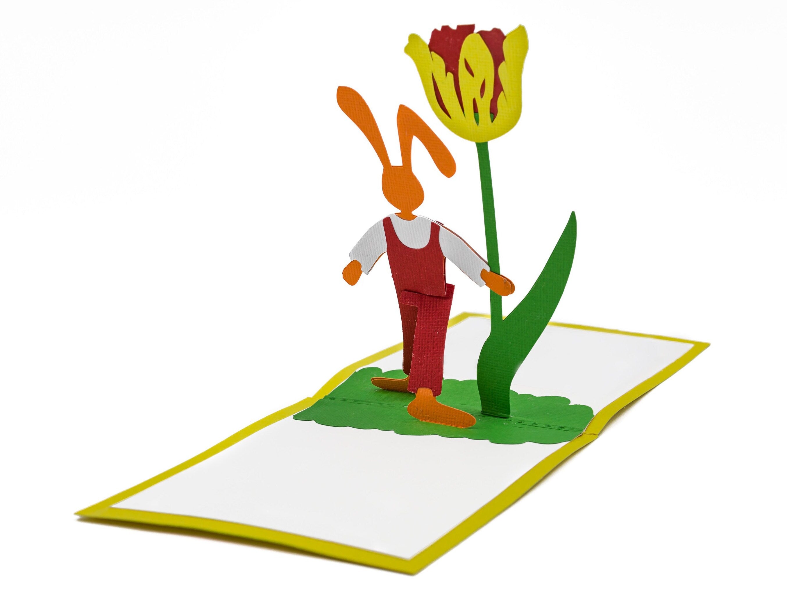 Easter Bunny and Tulip 3D Pop Up Card, Floral Happy Spring Greetings Keepsake, Whimsical Rabbit Greeting Card