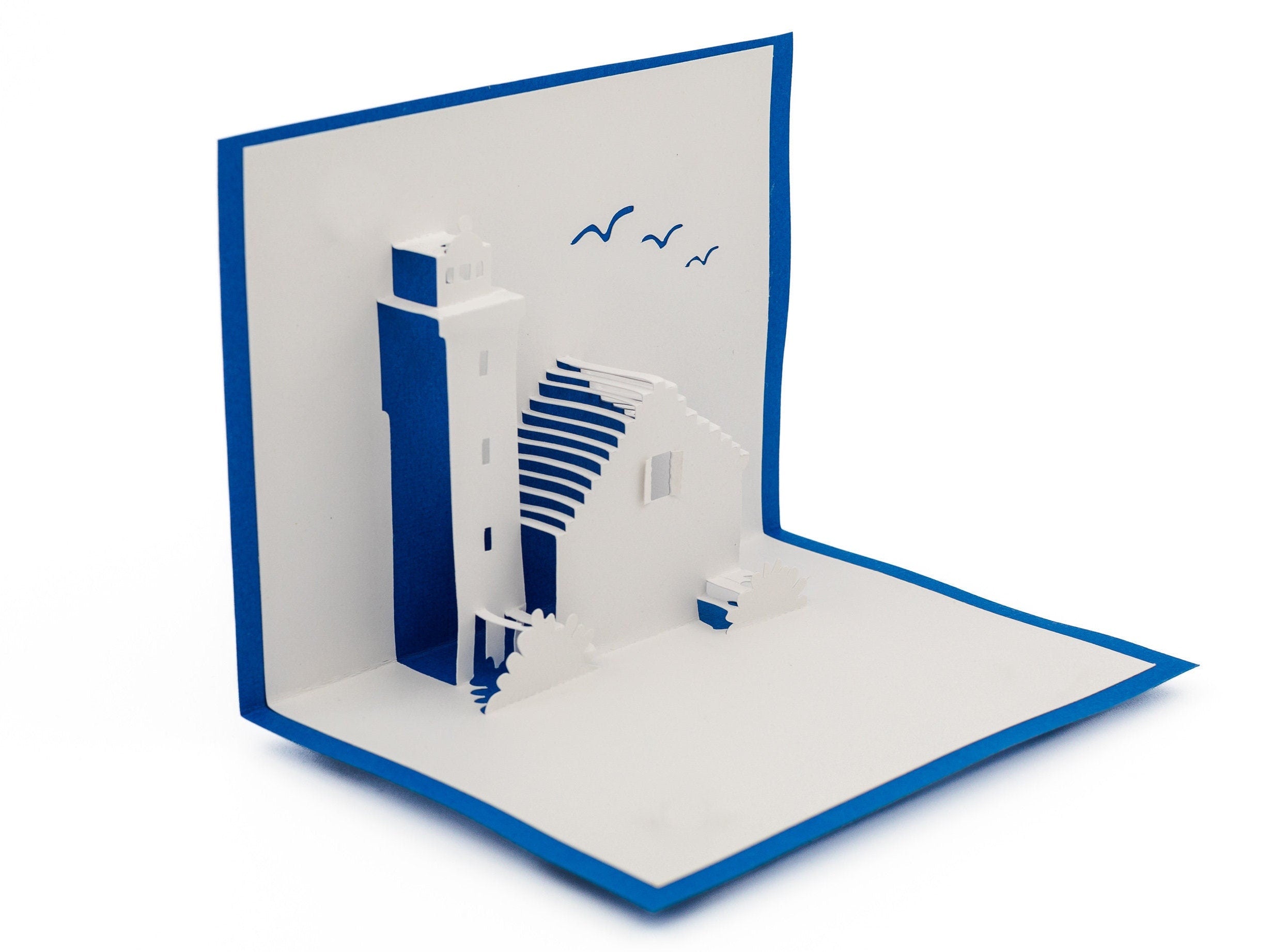 Lighthouse Handcrafted 3D Pop Up Card: Nautical Theme for Any Occasion, Beach House Seagulls Blank Inside