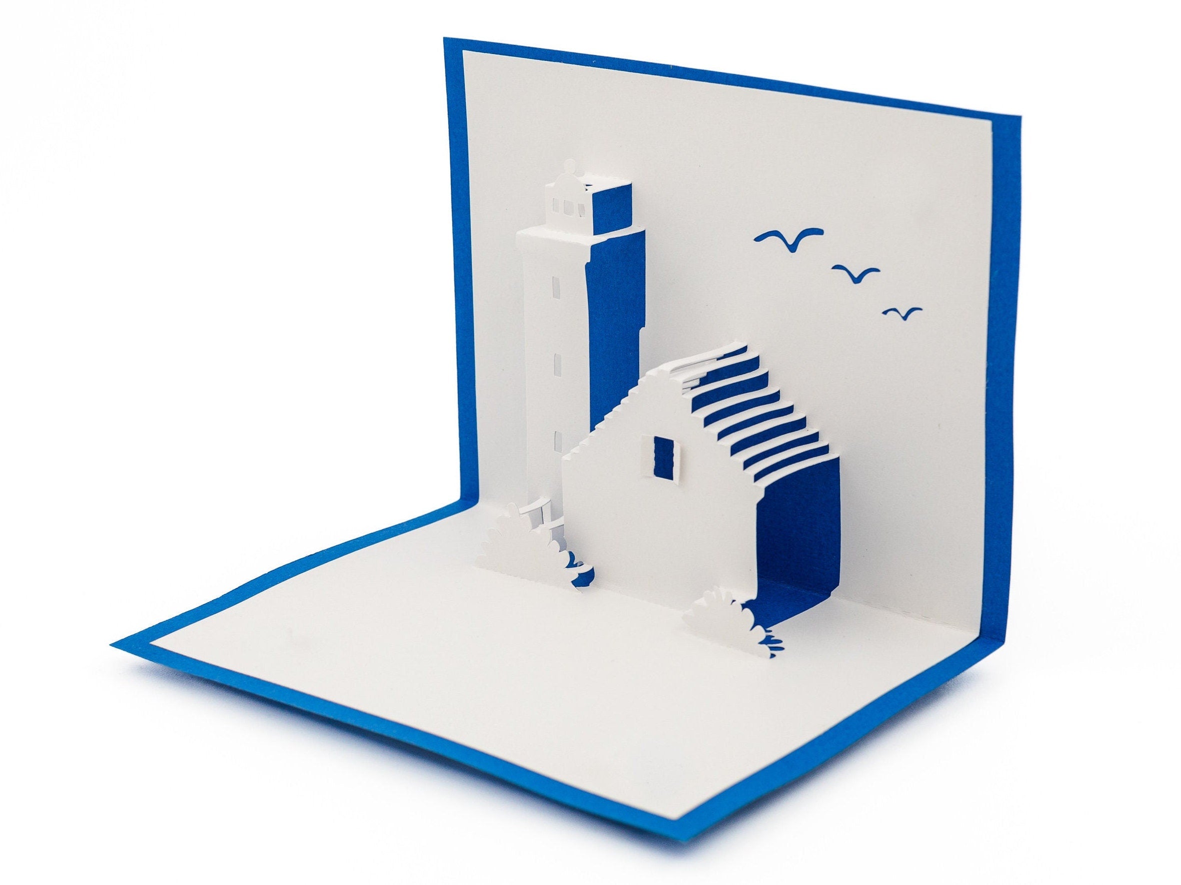 Lighthouse Handcrafted 3D Pop Up Card: Nautical Theme for Any Occasion, Beach House Seagulls Blank Inside
