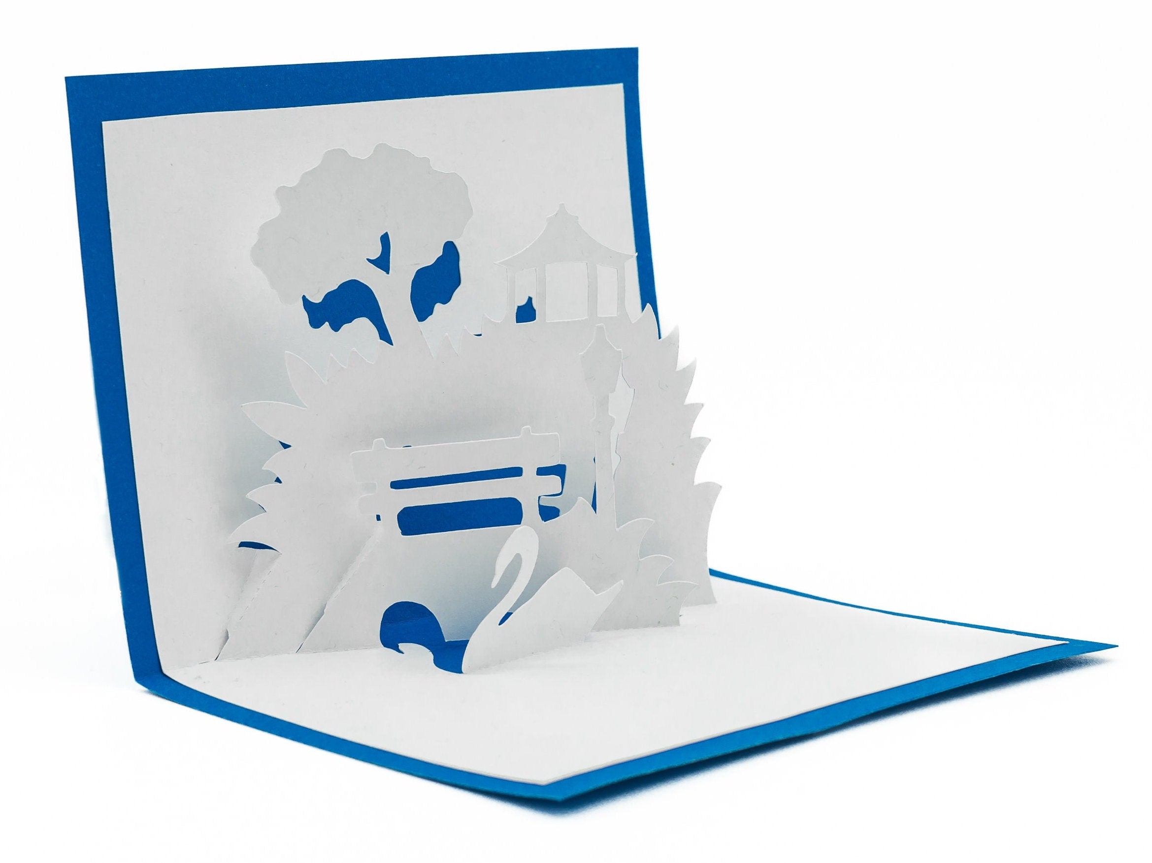 City Park Bench Overlooking Swans 3D Pop Up Blank Card: Nature Scene for Birthdays, Anniversaries, Sympathy & Love