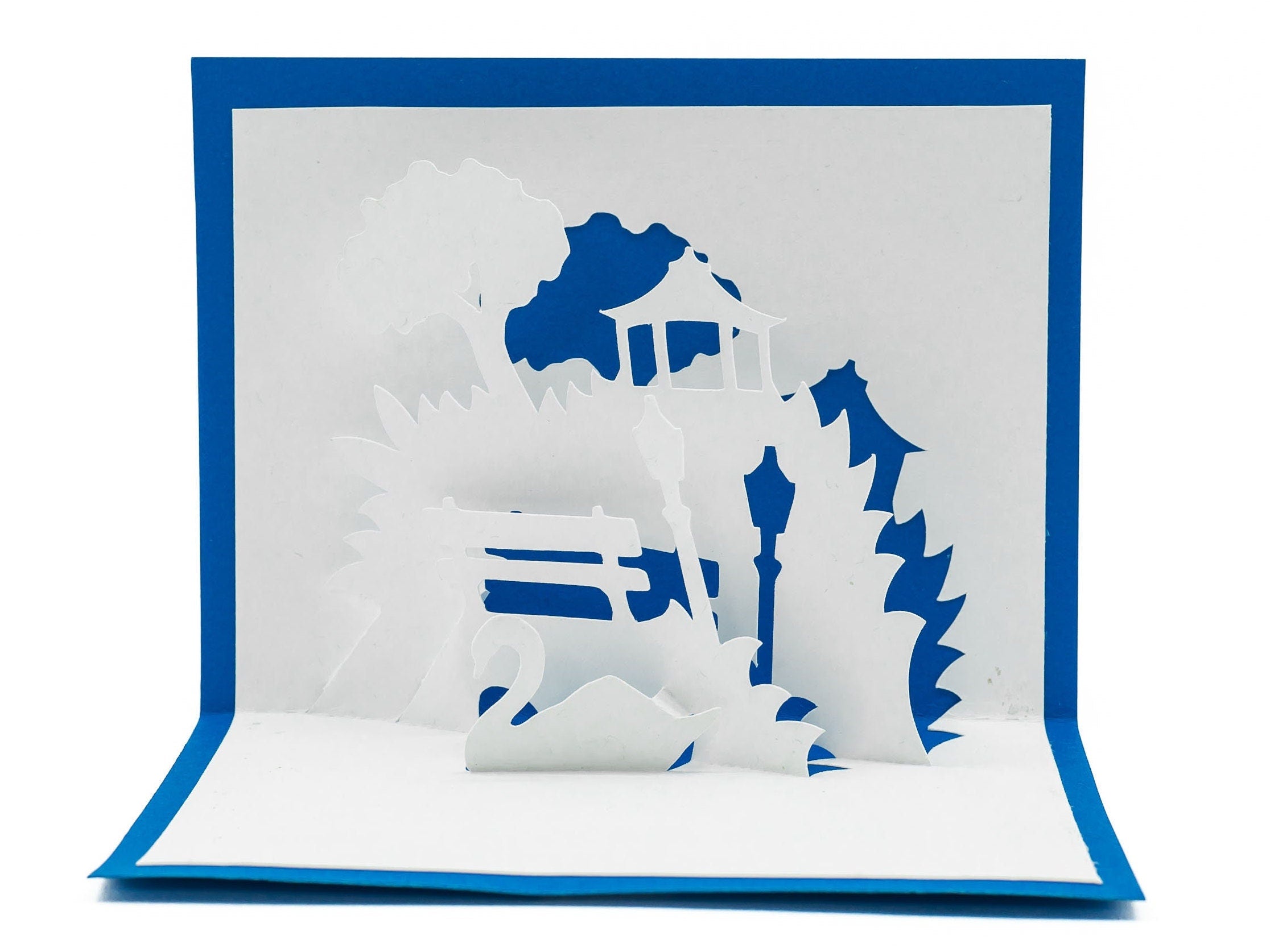City Park Bench Overlooking Swans 3D Pop Up Blank Card: Nature Scene for Birthdays, Anniversaries, Sympathy & Love