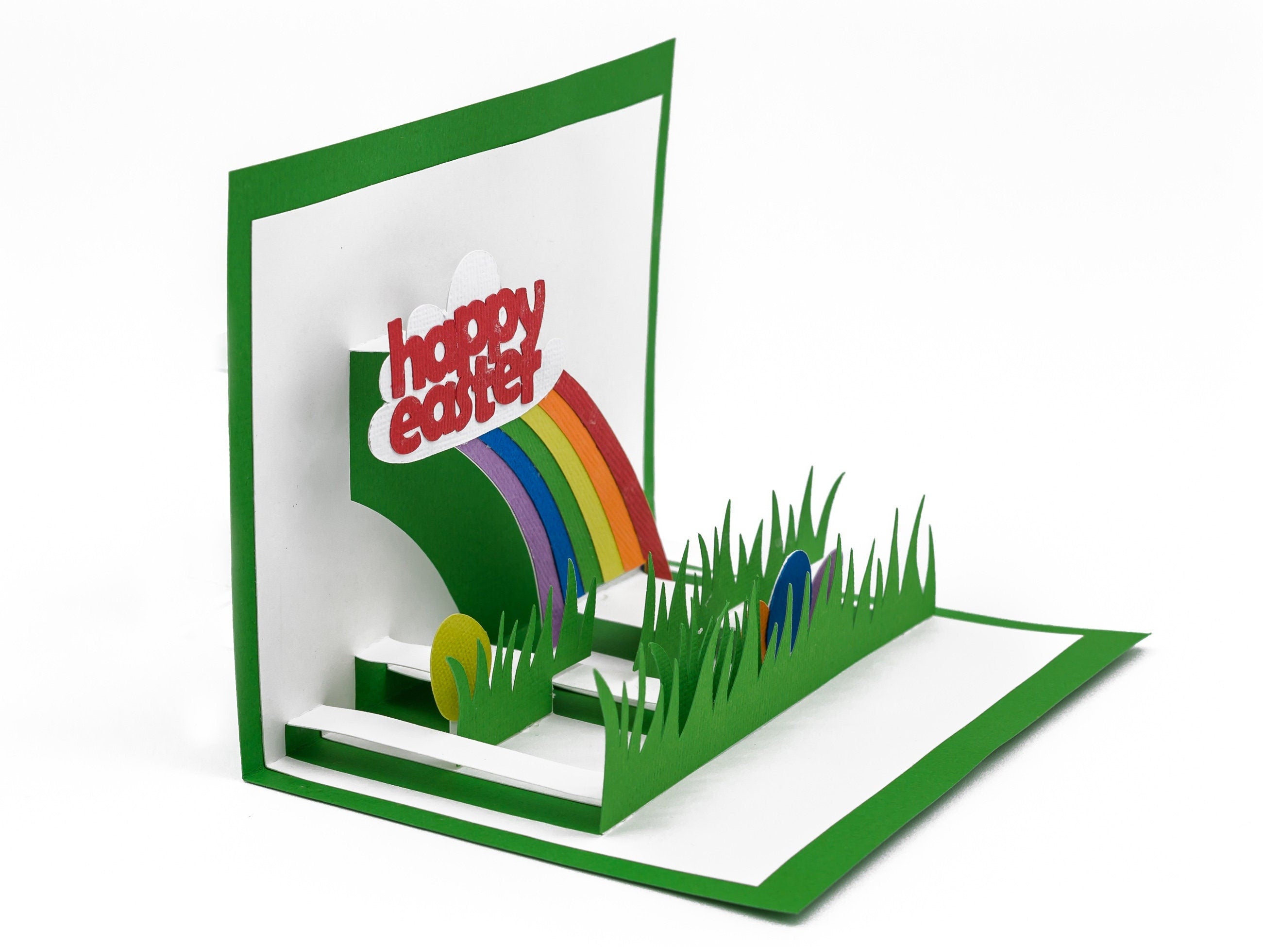 Happy Easter 3D Pop Up Greeting Card: Vibrant Rainbow Egg Hunt Adventure - Handmade Spring Celebration Gift
