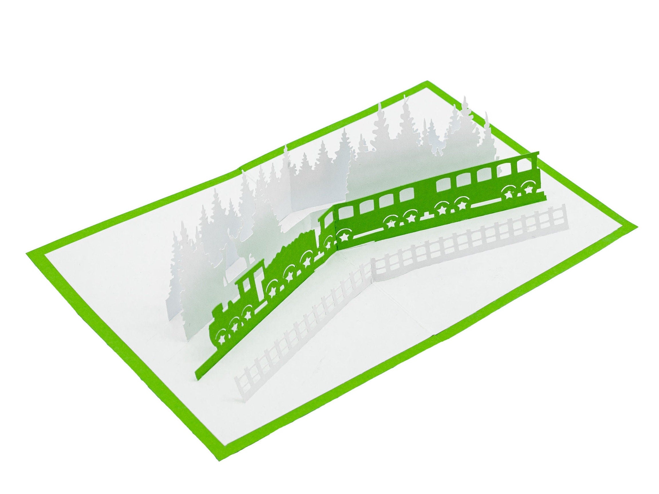 Winter Train 3D Pop Up Christmas Card with Enchanting Deer & Trees - Festive Holiday Seasons Greetings from Santa