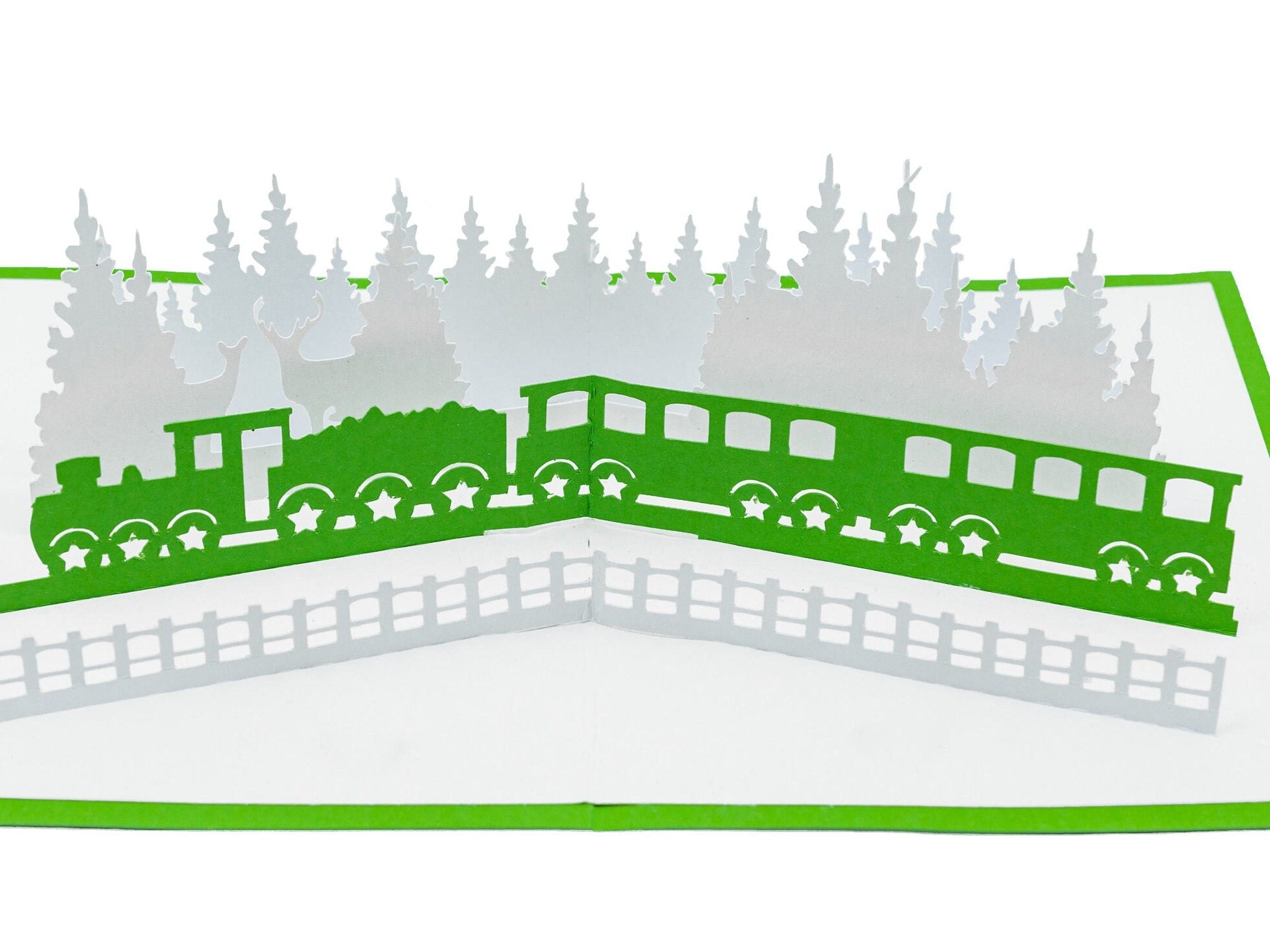 Winter Train 3D Pop Up Christmas Card with Enchanting Deer & Trees - Festive Holiday Seasons Greetings from Santa