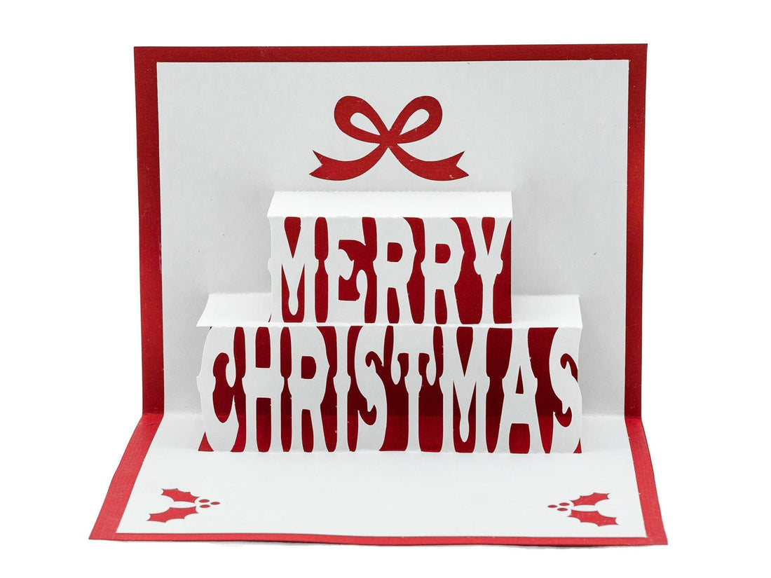 Merry Christmas 3D Pop Up Christmas Card: Holly Theme with Festive Bow & Berries - Handmade Holiday Greeting Decor