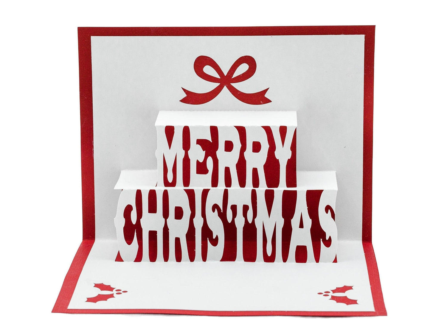 Merry Christmas 3D Pop Up Christmas Card: Holly Theme with Festive Bow & Berries - Handmade Holiday Greeting Decor