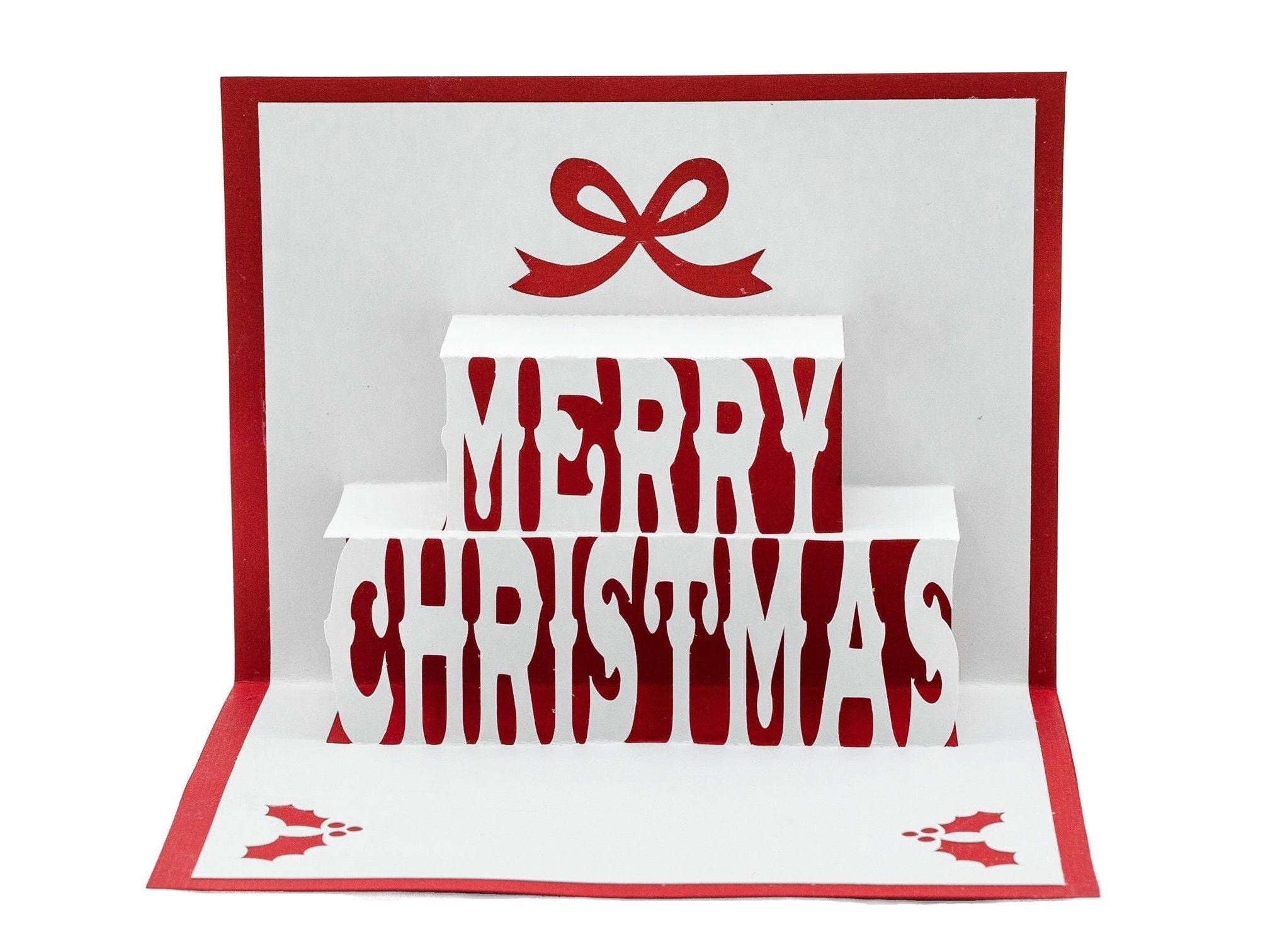 Merry Christmas 3D Pop Up Christmas Card: Holly Theme with Festive Bow & Berries - Handmade Holiday Greeting Decor