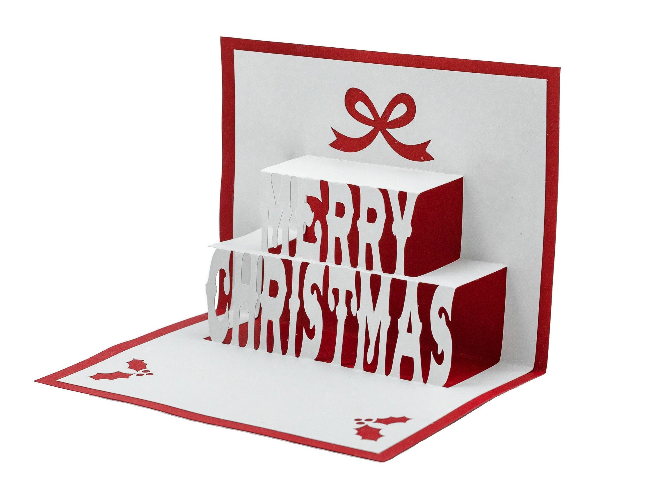 Merry Christmas 3D Pop Up Christmas Card: Holly Theme with Festive Bow & Berries - Handmade Holiday Greeting Decor