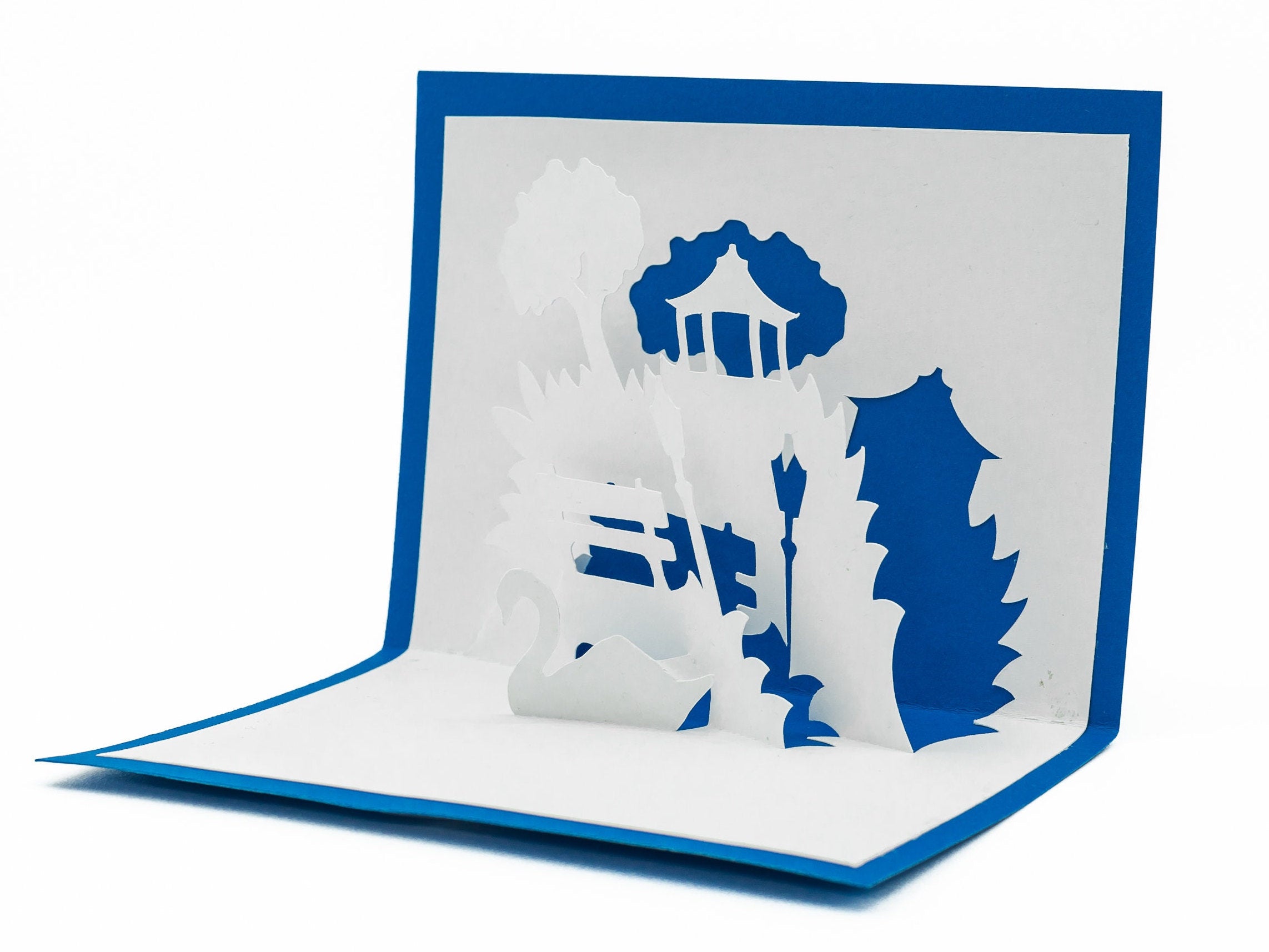 City Park Bench Overlooking Swans 3D Pop Up Blank Card: Nature Scene for Birthdays, Anniversaries, Sympathy & Love