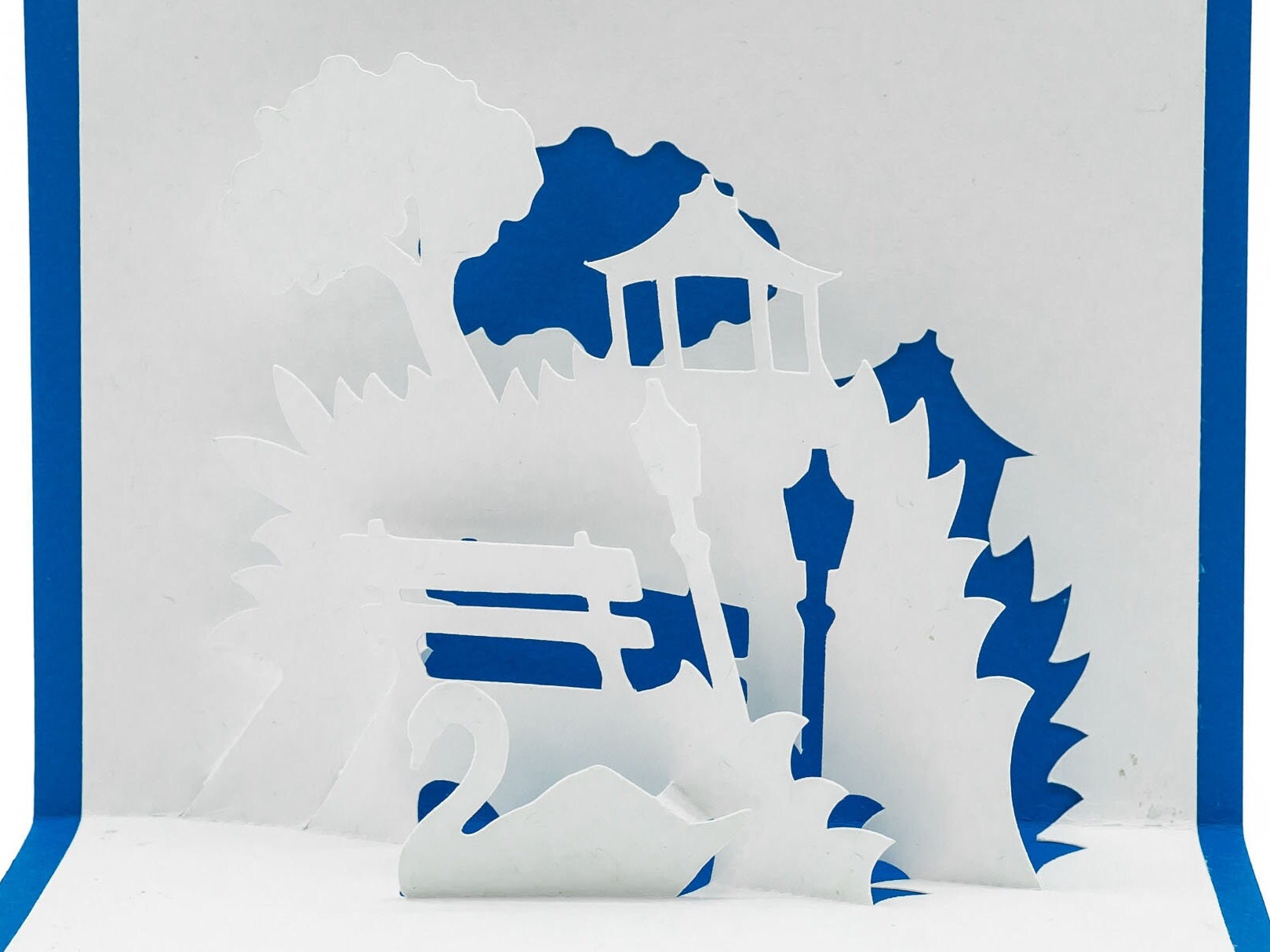 City Park Bench Overlooking Swans 3D Pop Up Blank Card: Nature Scene for Birthdays, Anniversaries, Sympathy & Love