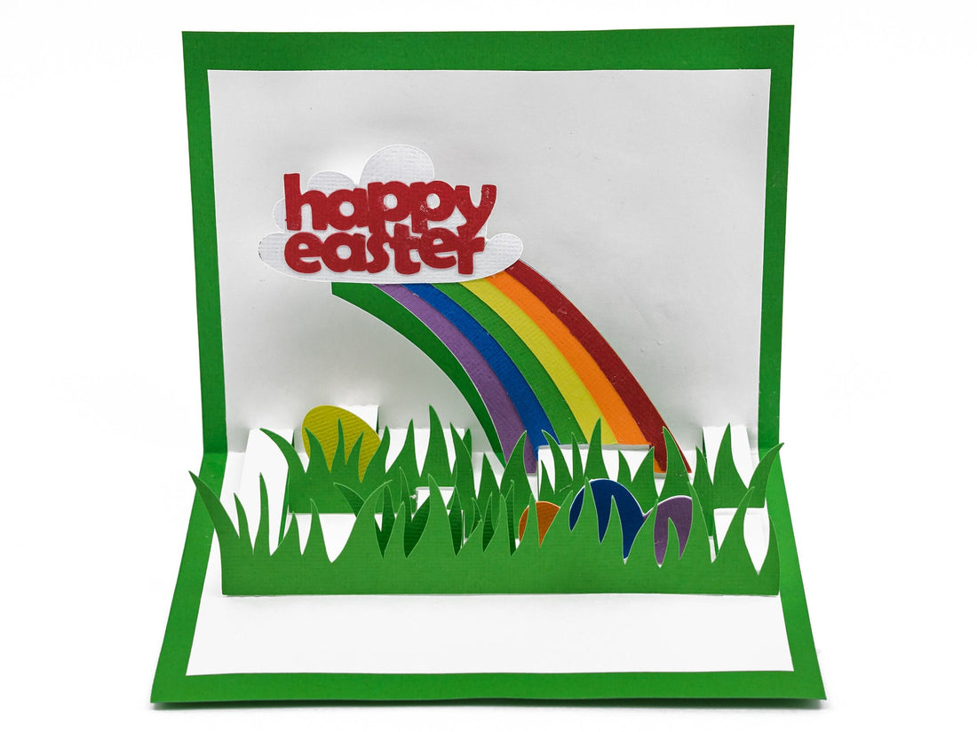 Happy Easter 3D Pop Up Greeting Card: Vibrant Rainbow Egg Hunt Adventure - Handmade Spring Celebration Gift