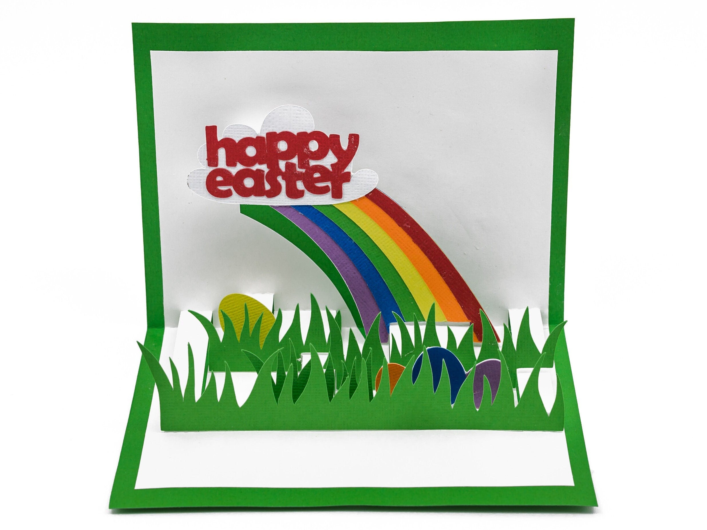 Happy Easter 3D Pop Up Greeting Card: Vibrant Rainbow Egg Hunt Adventure - Handmade Spring Celebration Gift