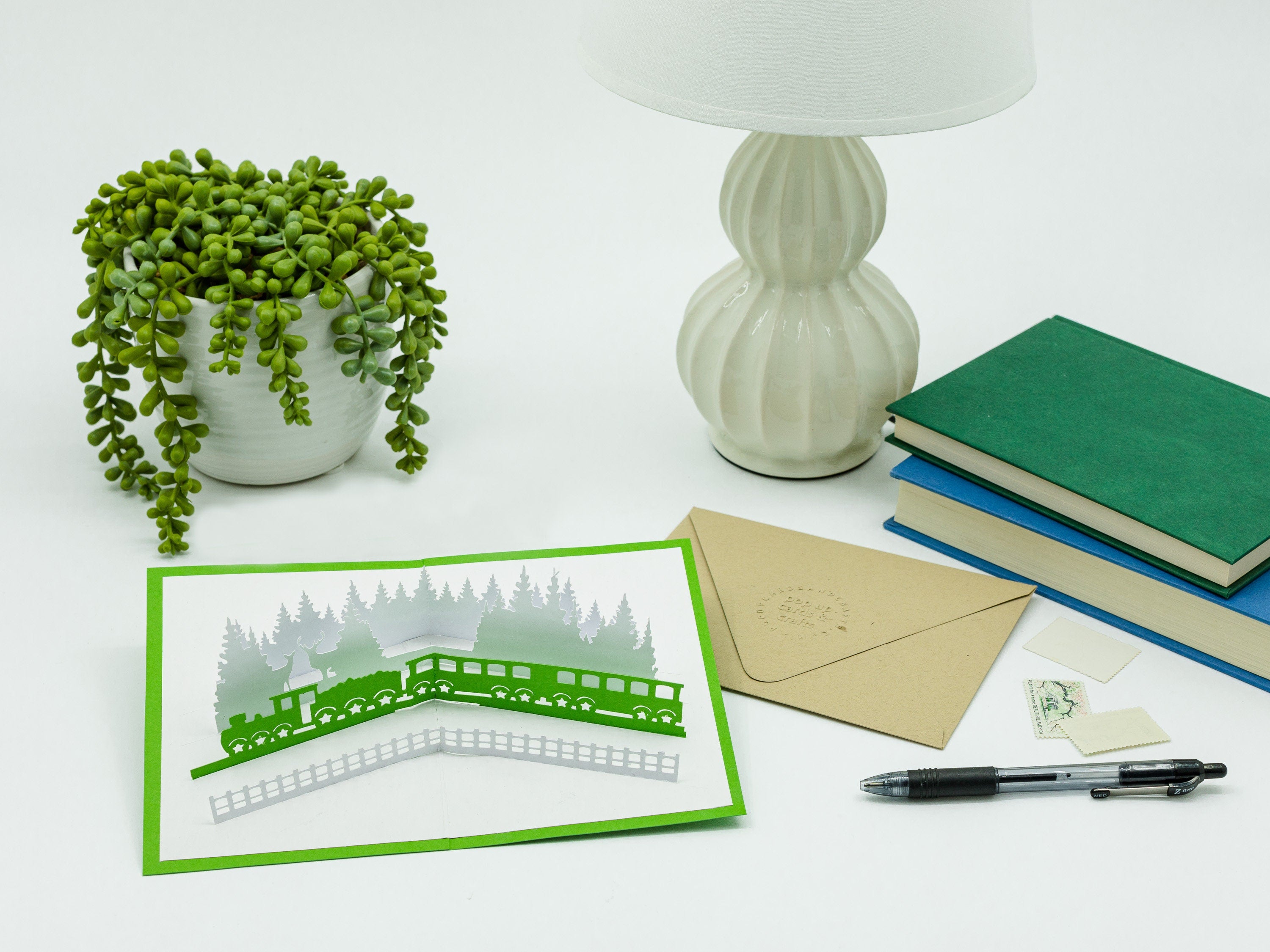 Winter Train 3D Pop Up Christmas Card with Enchanting Deer & Trees - Festive Holiday Seasons Greetings from Santa