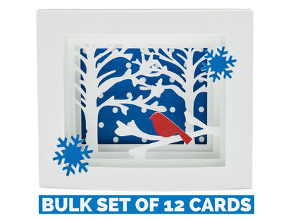 Bulk Set of 12 Winter Christmas Cardinal in Birch Tree Shadow Box Pop Up 3D Greeting Card