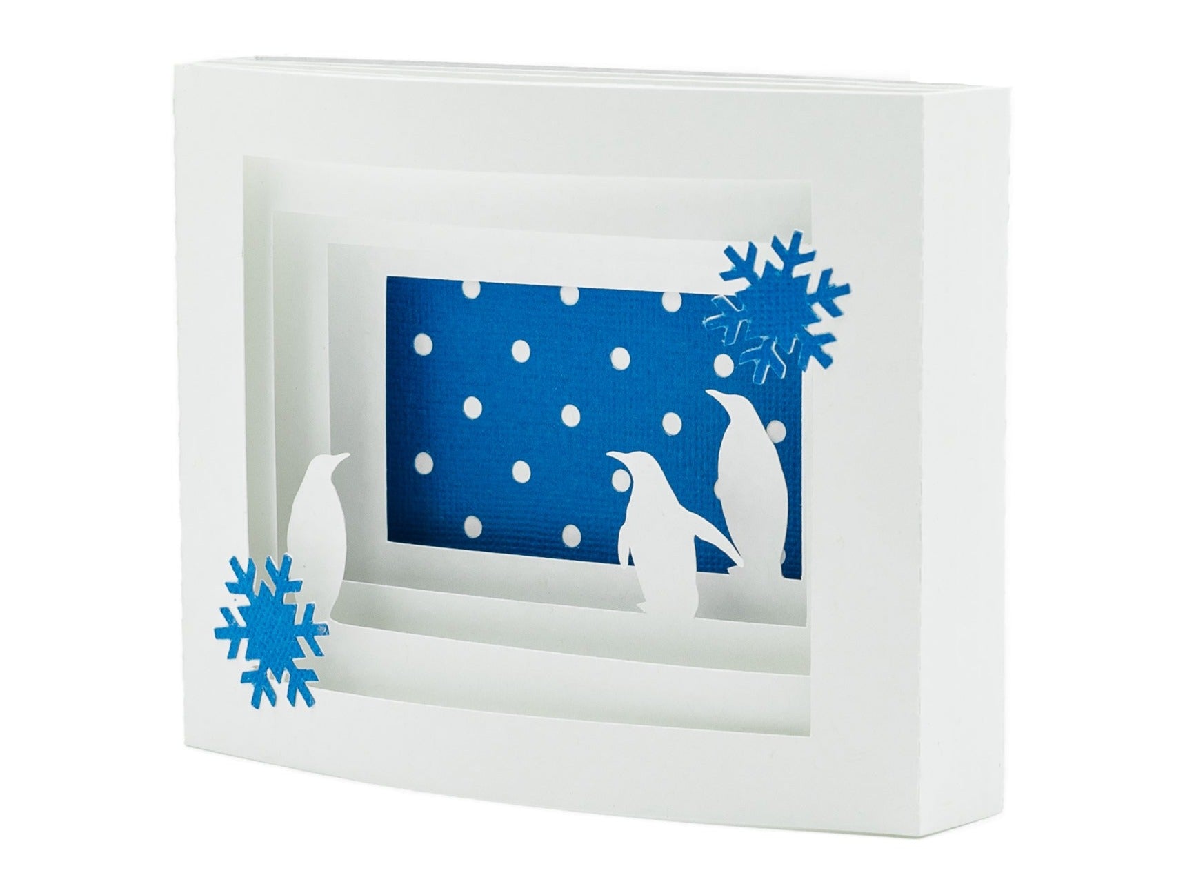 Winter Penguins Shadow Box Pop Up Card | 3D Holiday Greeting Card | Winter Wonderland Art | Festive Christmas Decor | Snowflake Design