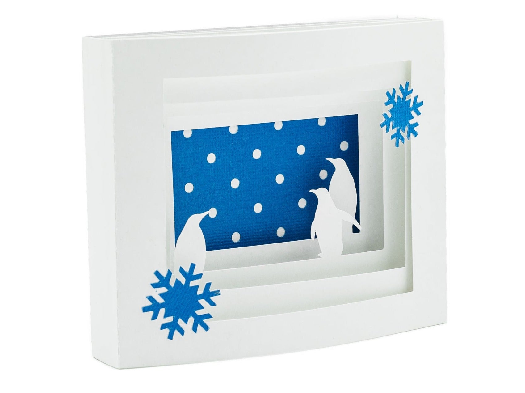 Winter Penguins Shadow Box Pop Up Card | 3D Holiday Greeting Card | Winter Wonderland Art | Festive Christmas Decor | Snowflake Design