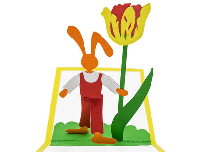 Bunny and Tulip Pop Up Easter Card | Colorful Springtime Keepsake | Easter Holiday Card | Flower Design 3D Card | Colorful Tulip Decor