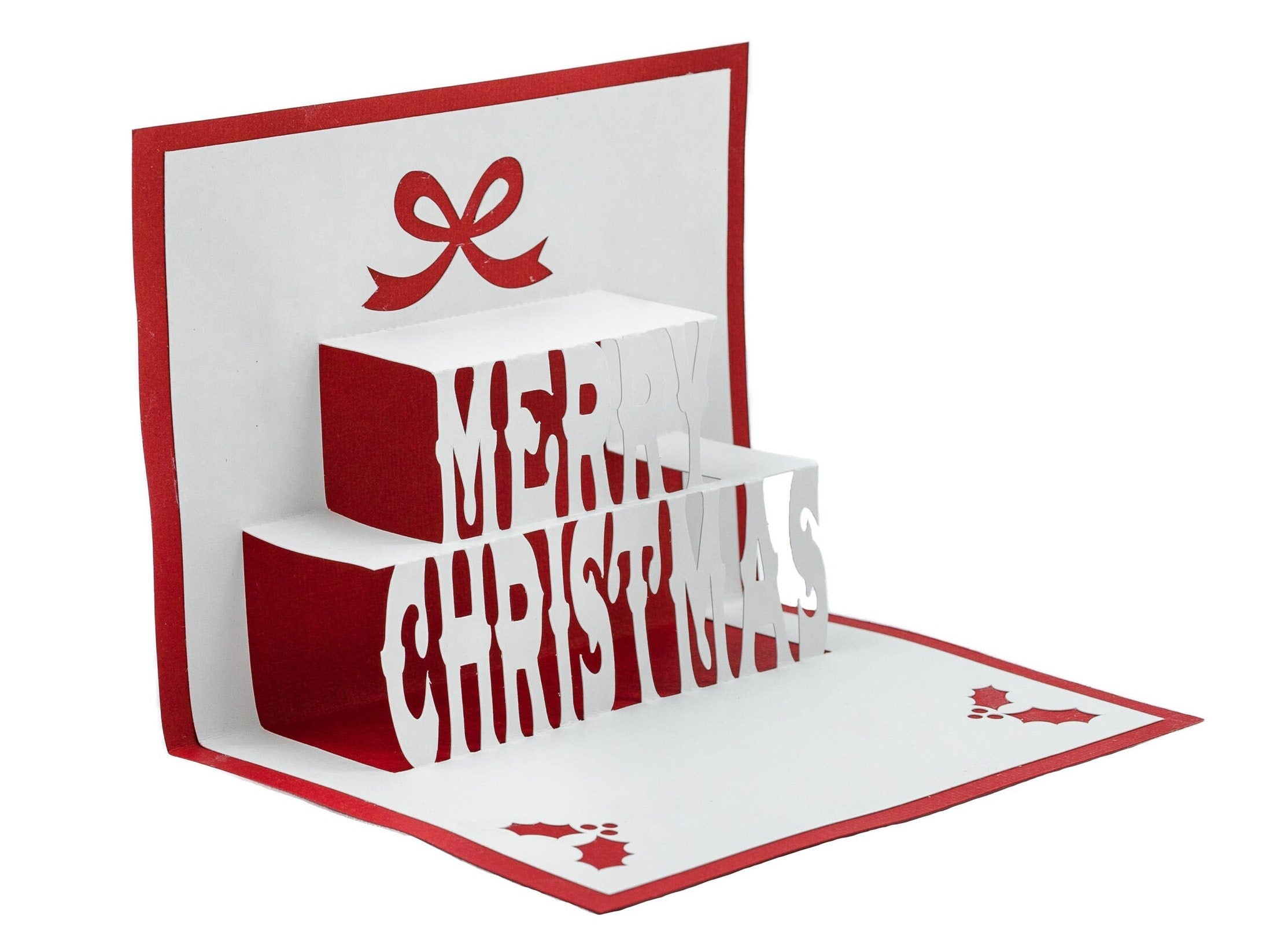 Bulk Set of 12 Merry Christmas Pop Up 3D Greeting Card with Holiday Bow and Holly and Berries