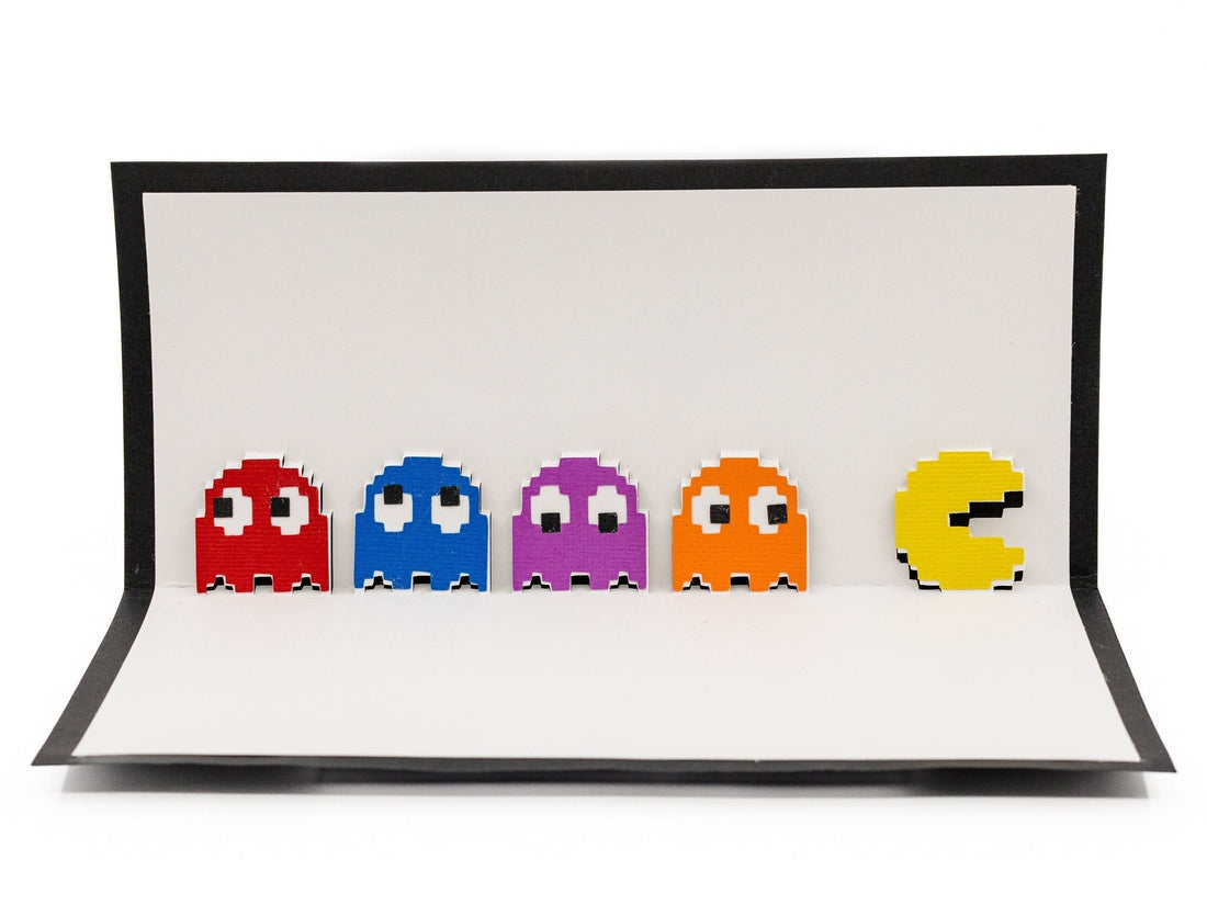 Pac-Man Chasing Ghost Pop Up 3D Greeting Card 8 Bit Video Game Ghost Gamer Arcade Inky Pinky Blinky Clyde