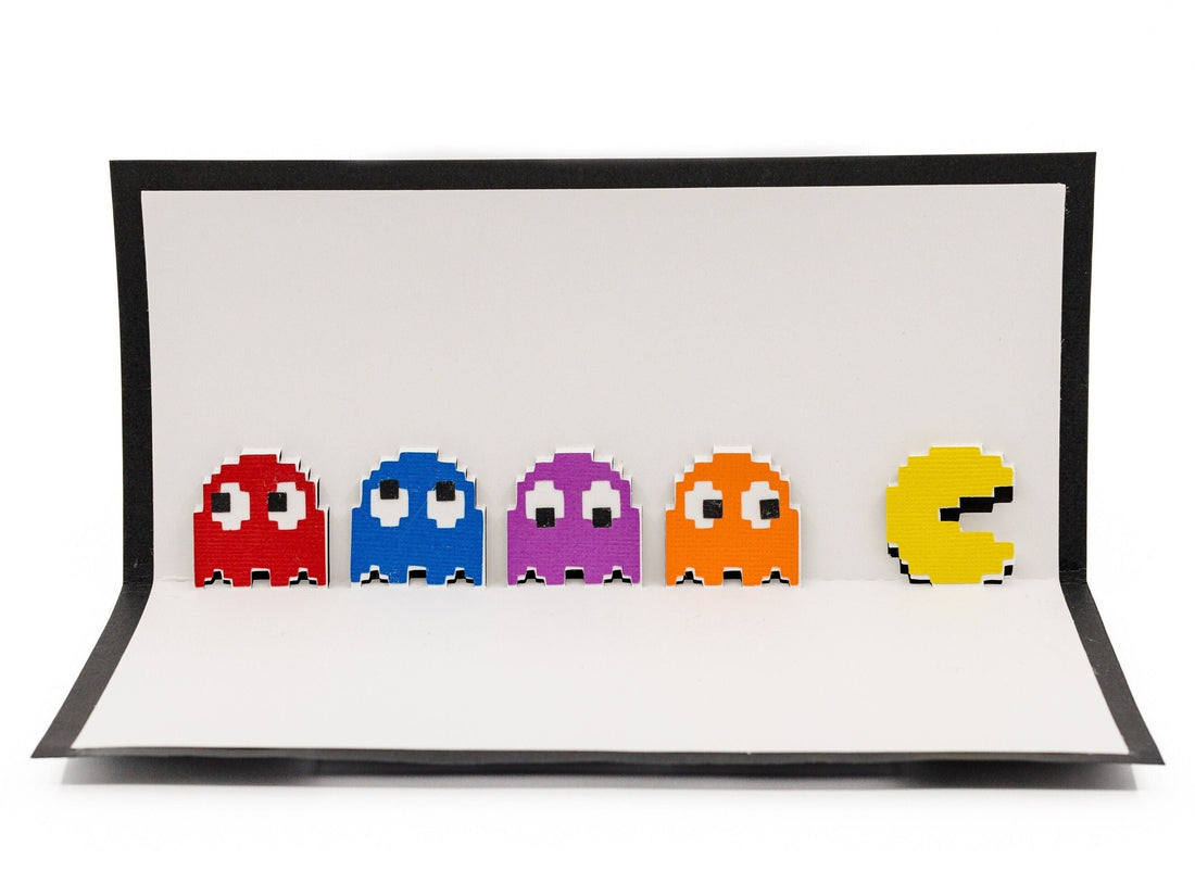 Pac-Man Chasing Ghost 3D Pop-Up Greeting Card - Retro Arcade Gamer Gift for 8-Bit Enthusiasts
