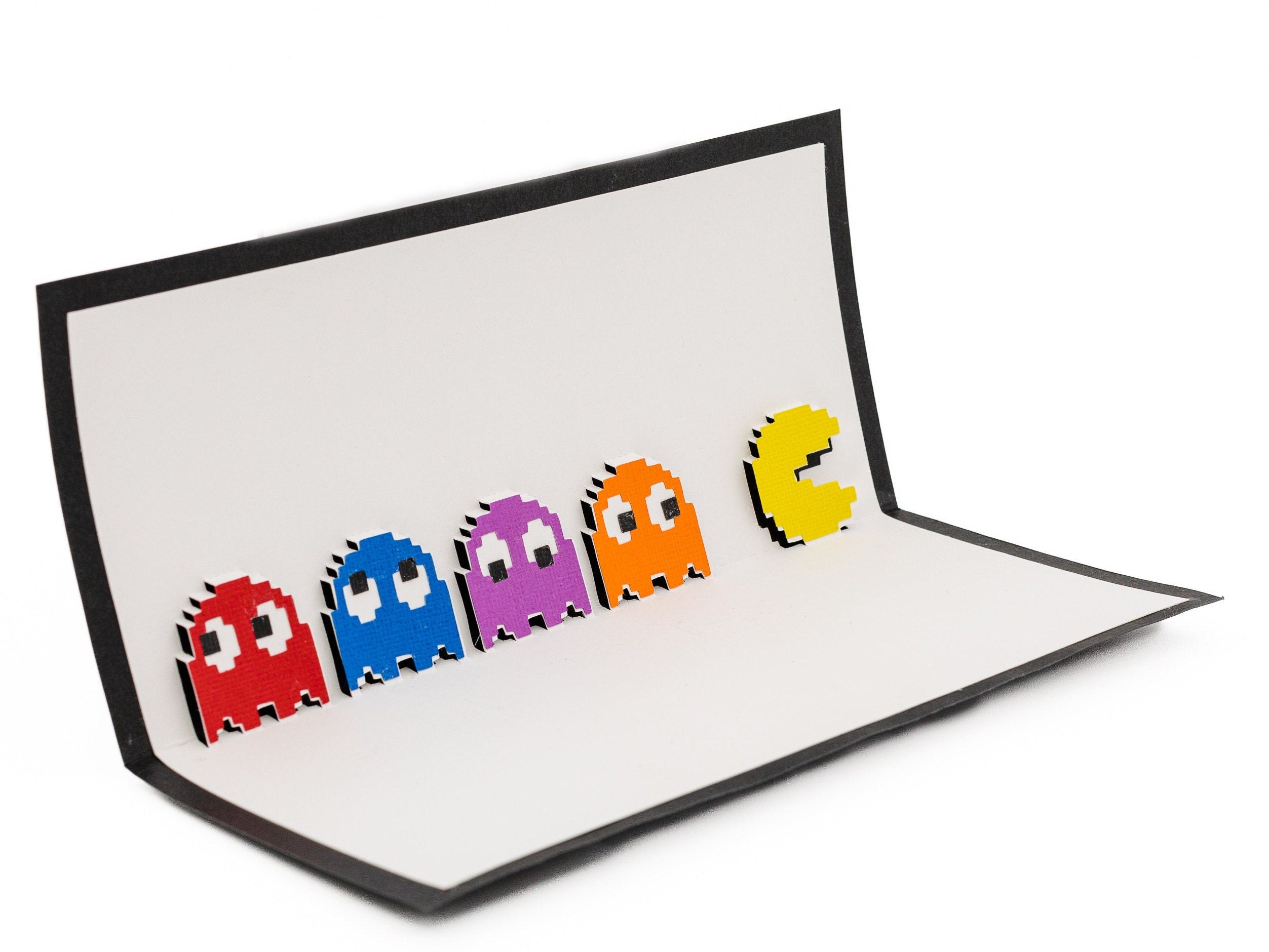 Pac-Man Chasing Ghost Pop Up 3D Greeting Card 8 Bit Video Game Ghost Gamer Arcade Inky Pinky Blinky Clyde