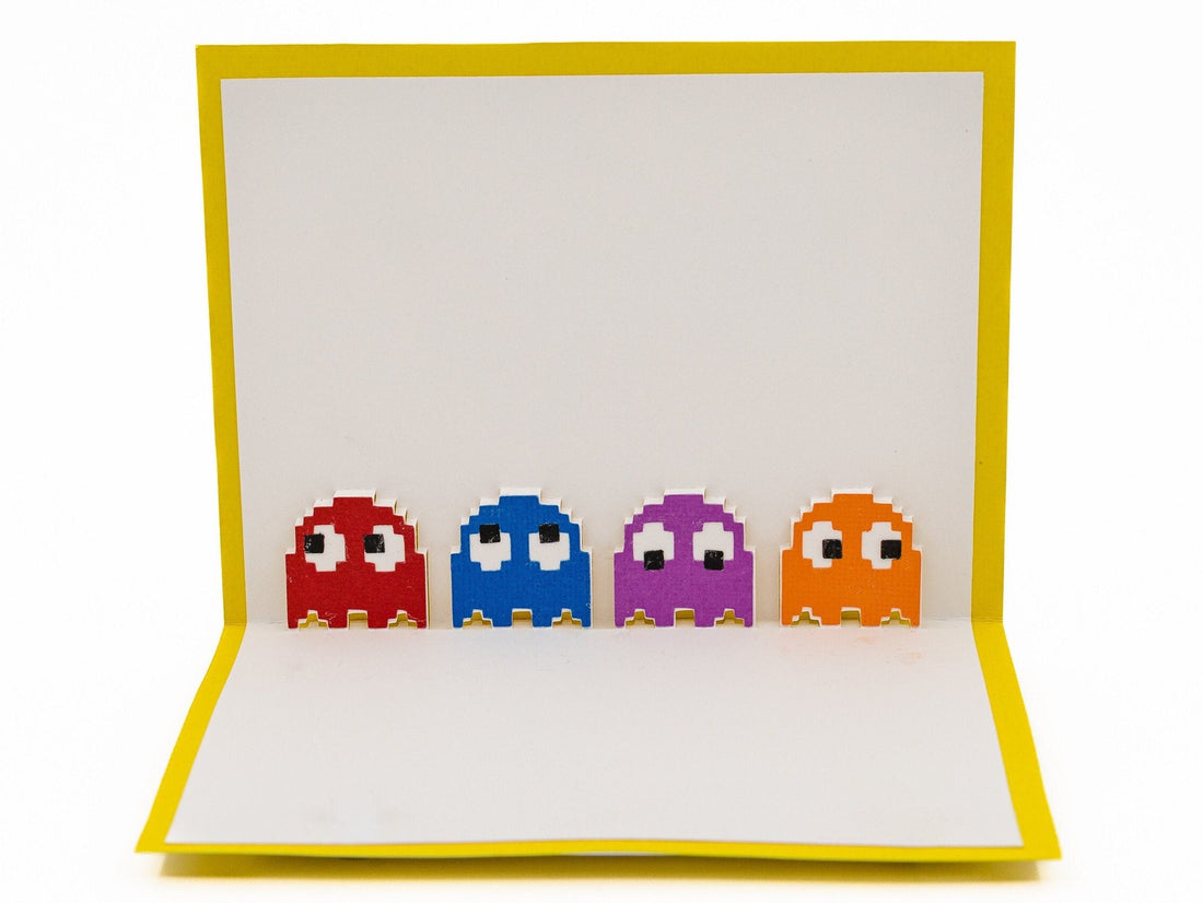 Pac-Man Four Ghosts 3D Pop Up Greeting Card - Retro 8-Bit Arcade Video Game Birthday Gift