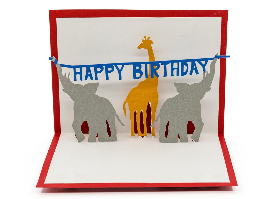Circus Animal Happy Birthday 3D Pop Up Greeting Card | Elephant and Giraffe Design | Handmade Special Gift | Unique Keepsake | Modern Design