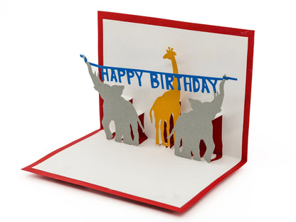Circus Animal Happy Birthday 3D Pop Up Greeting Card | Elephant and Giraffe Design | Handmade Special Gift | Unique Keepsake | Modern Design
