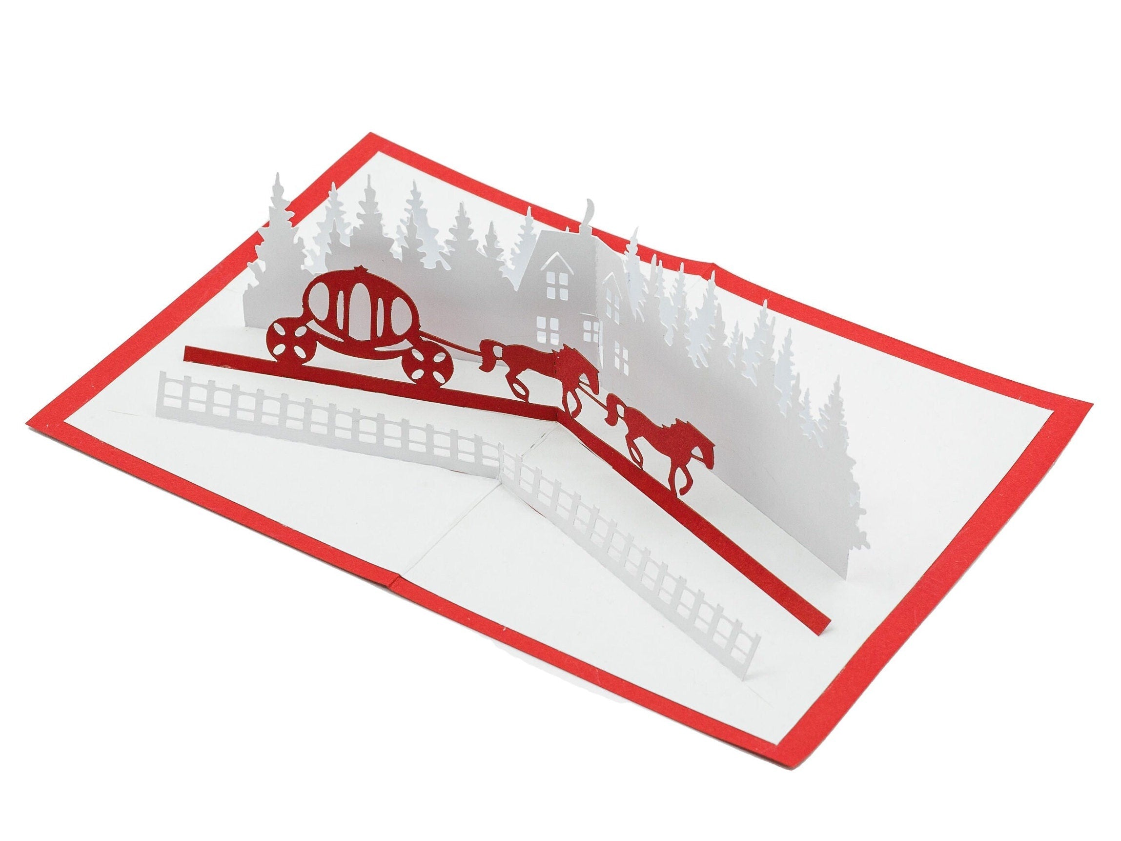 Bulk Set of 12 Winter Fairy Tale Princess Carriage Christmas Pop Up 3D Greeting Card