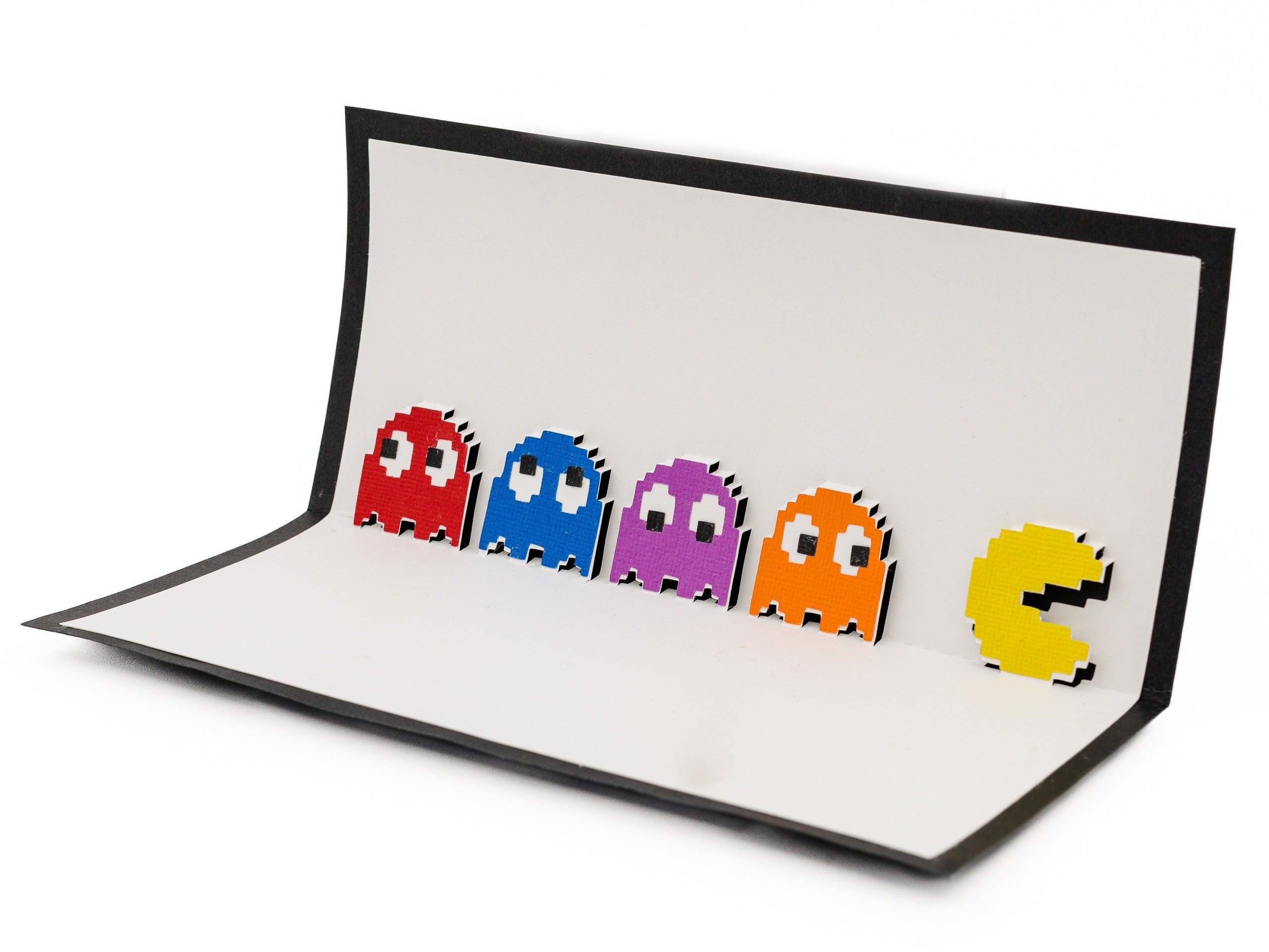 Pac-Man Chasing Ghost Pop Up 3D Greeting Card 8 Bit Video Game Ghost Gamer Arcade Inky Pinky Blinky Clyde