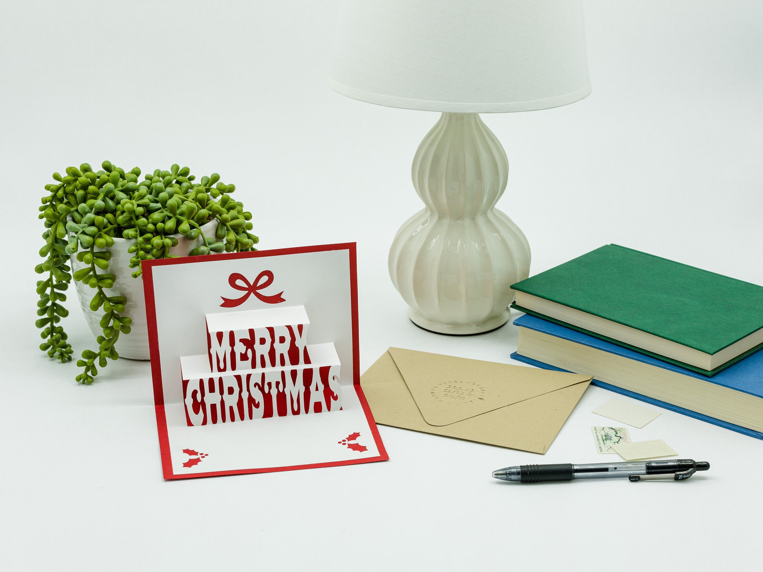 Merry Christmas Pop Up 3D Greeting Card with Holiday Bow and Holly and Berries