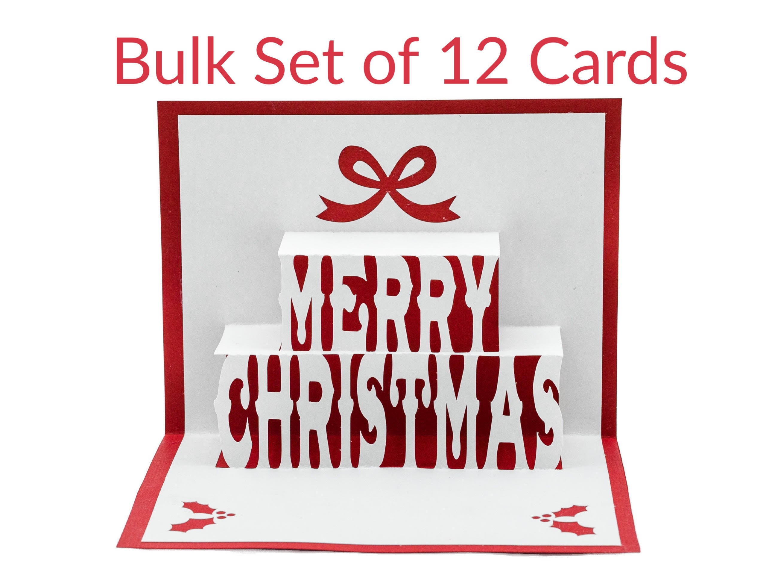 Bulk Set of 12 Merry Christmas Pop Up 3D Greeting Card with Holiday Bow and Holly and Berries